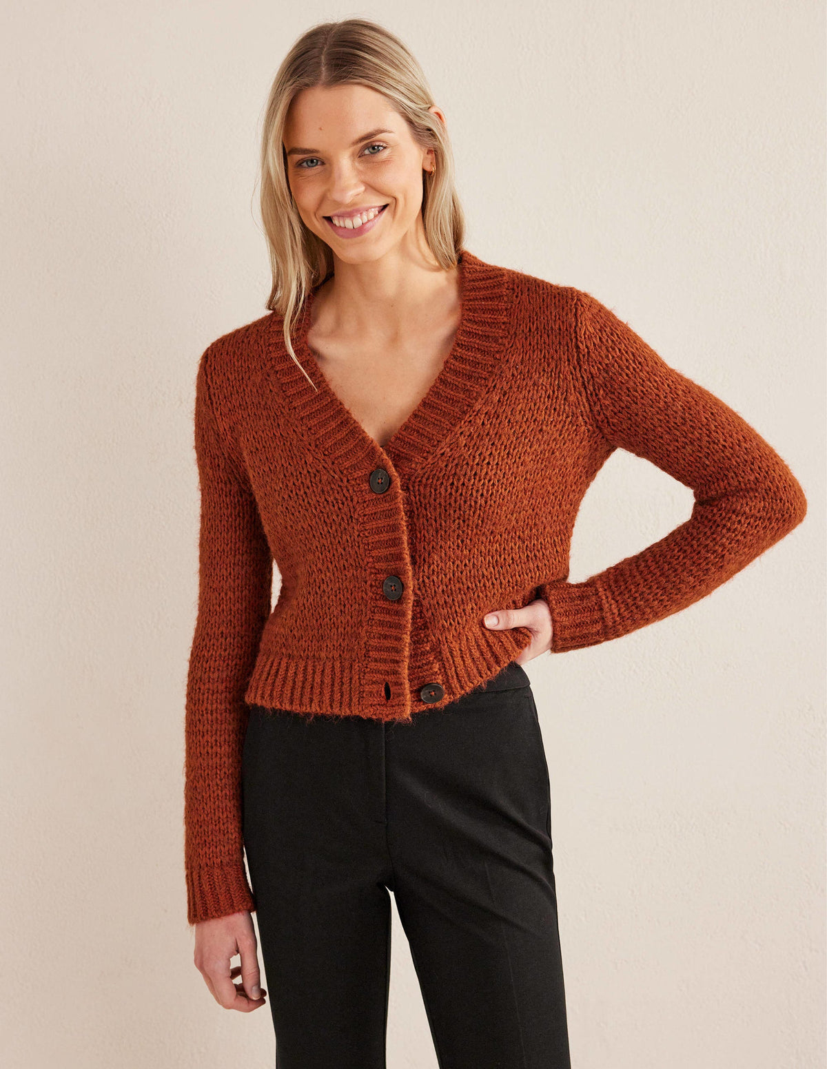 Fluffy Open Stitch Cardigan-Rust - Image 1
