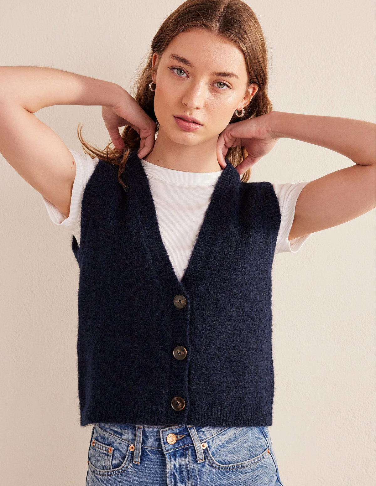 Cropped Fluffy Cardigan Tank-Navy-1