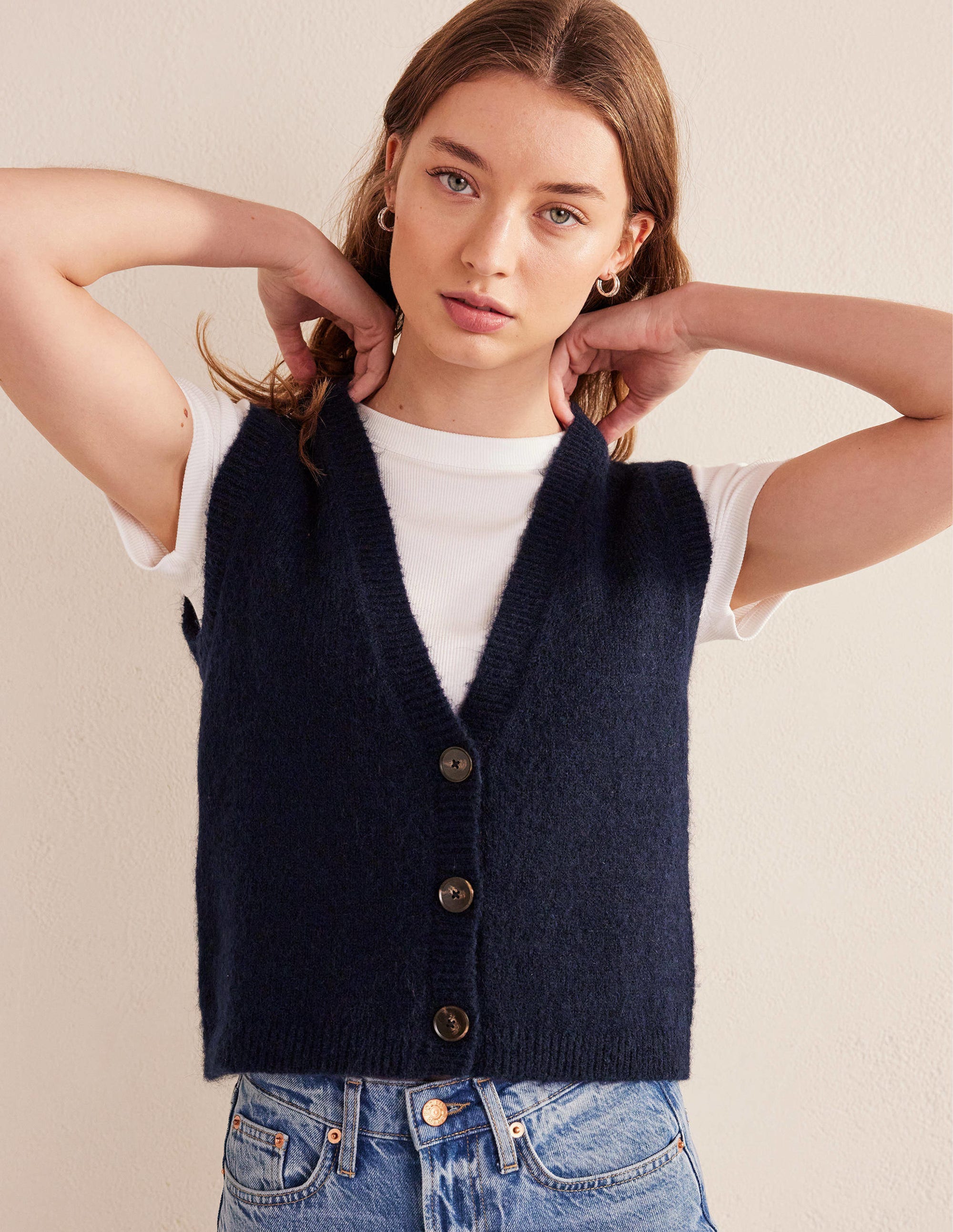 Cropped Fluffy Cardigan Tank-Navy - Image 1