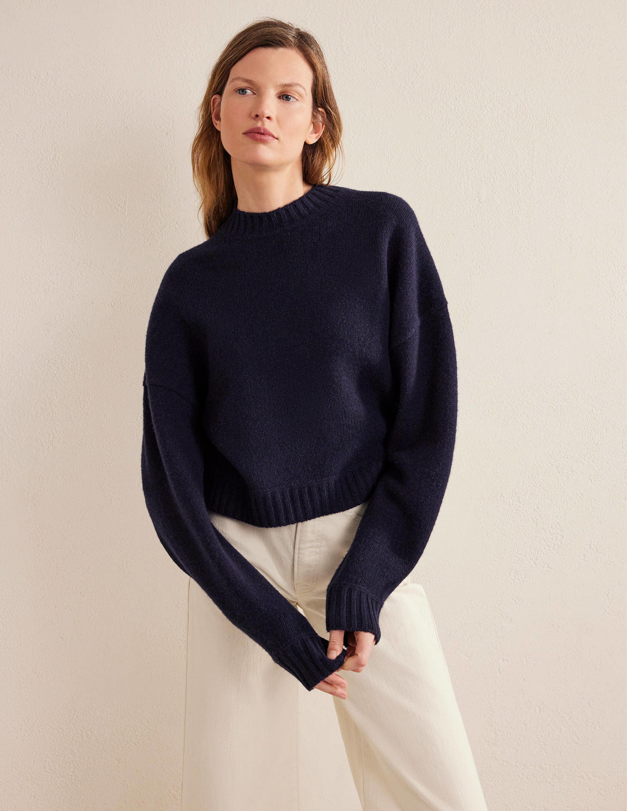 Brushed Wool Cropped Jumper-Navy - Image 1