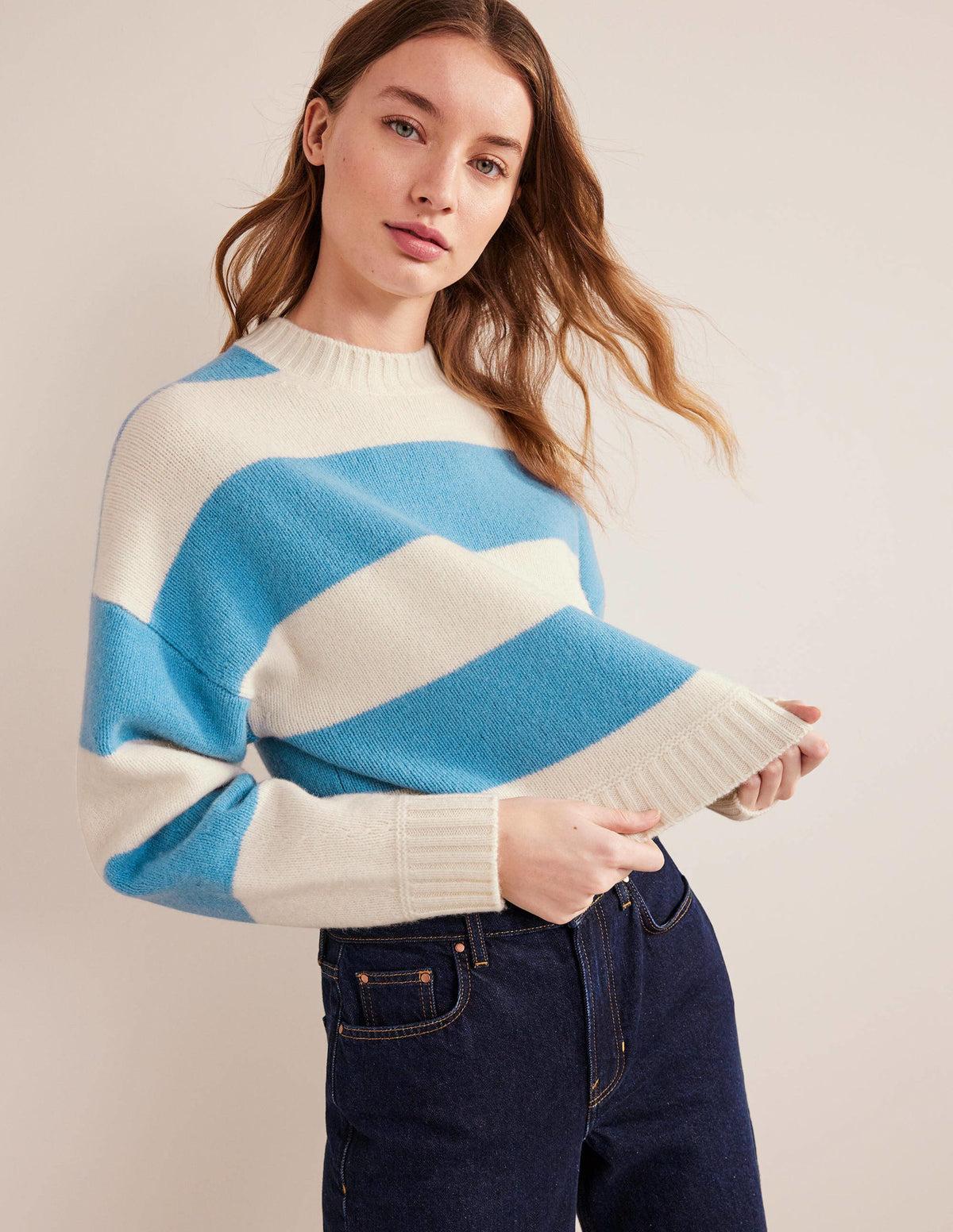 Brushed Wool Cropped Jumper-Linseed, Ivory Stripe - Image 1