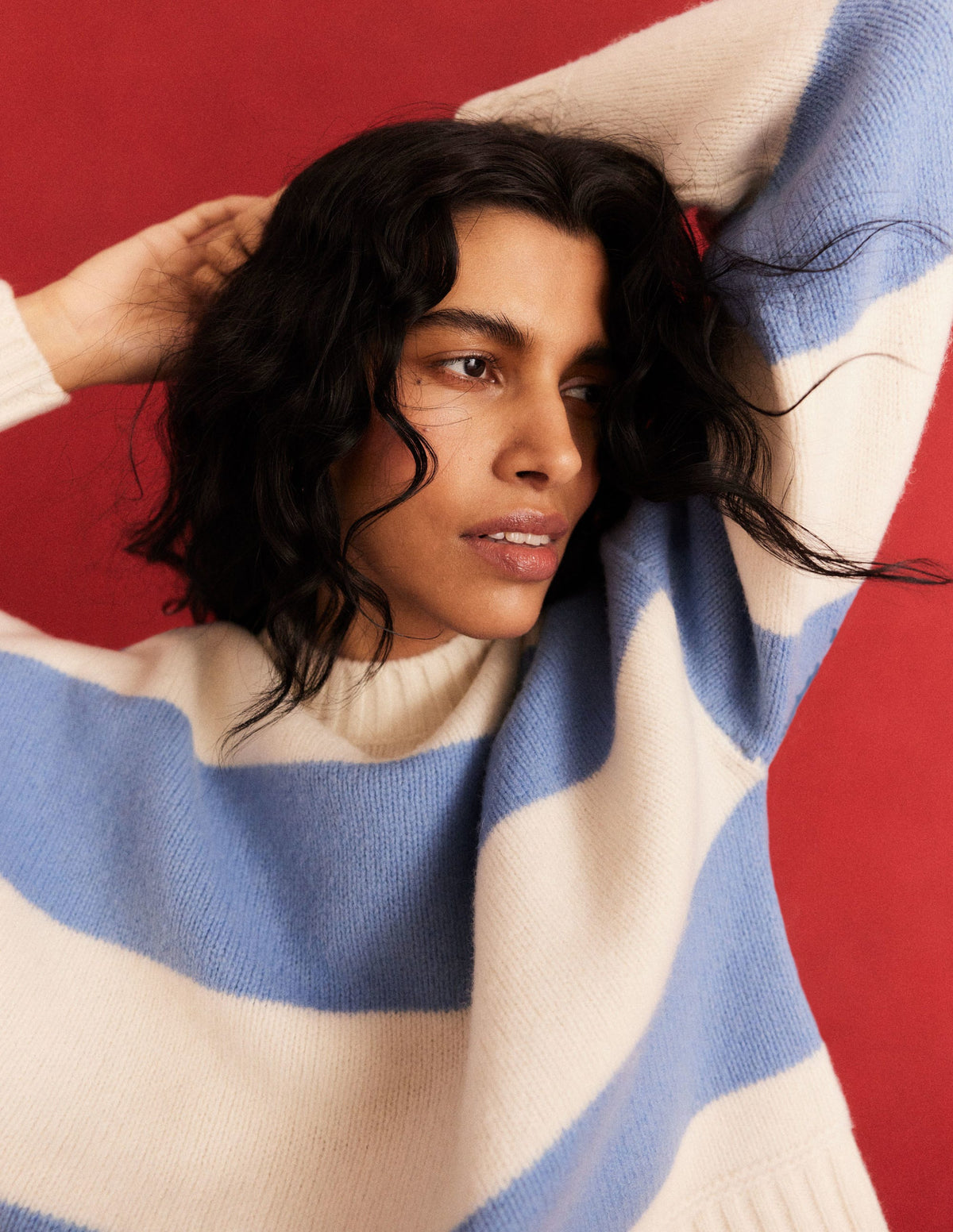 Brushed Wool Cropped Jumper-Linseed, Ivory Stripe-3