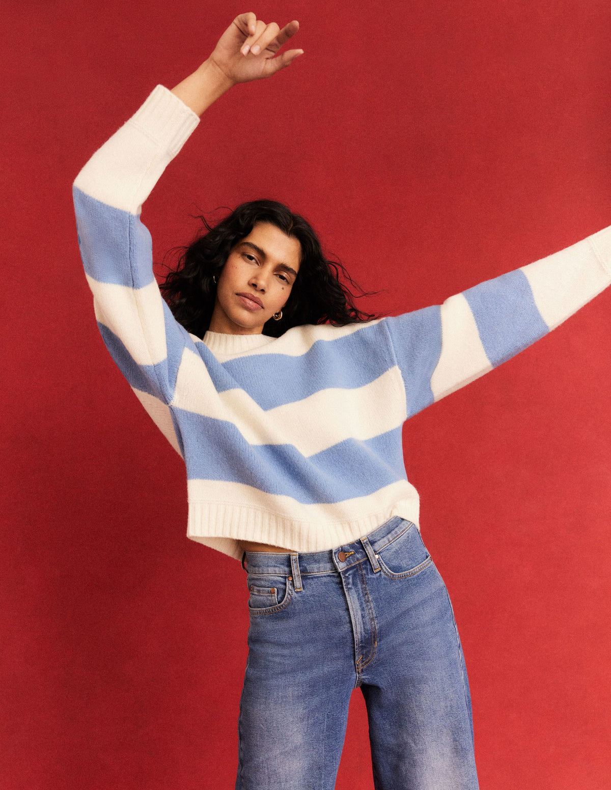 Brushed Wool Cropped Jumper-Linseed, Ivory Stripe - Image 4