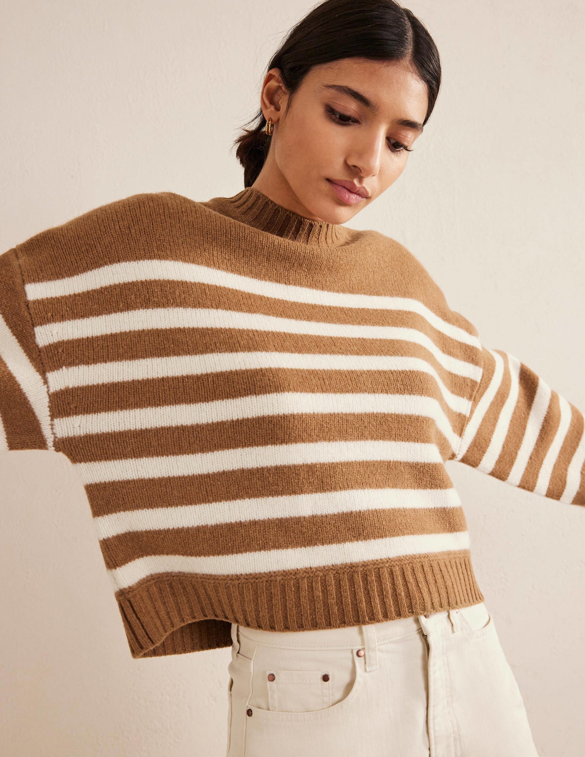 Brushed Wool Cropped Jumper-Teddy Bear, Ivory Stripe - Image 1