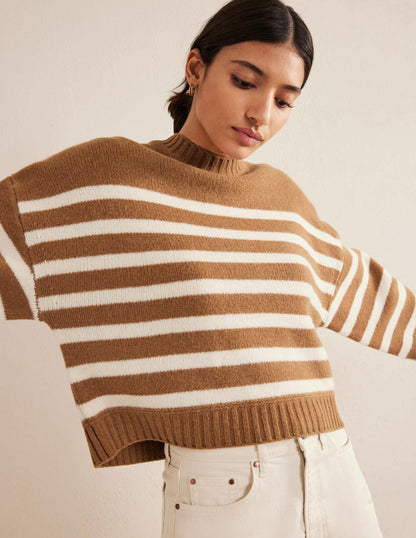 Brushed Wool Cropped Jumper-Teddy Bear, Ivory Stripe-1