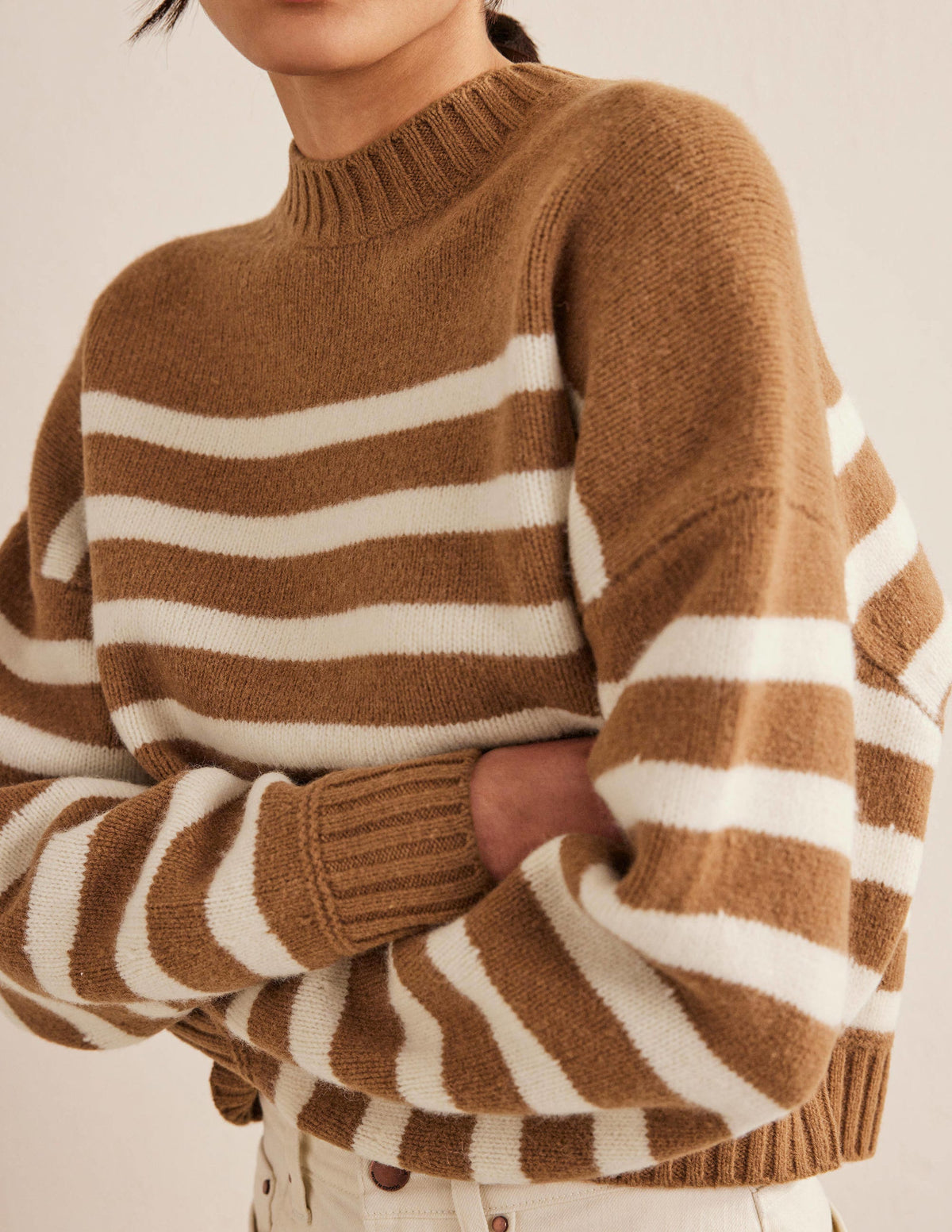 Brushed Wool Cropped Jumper-Teddy Bear, Ivory Stripe - Image 2