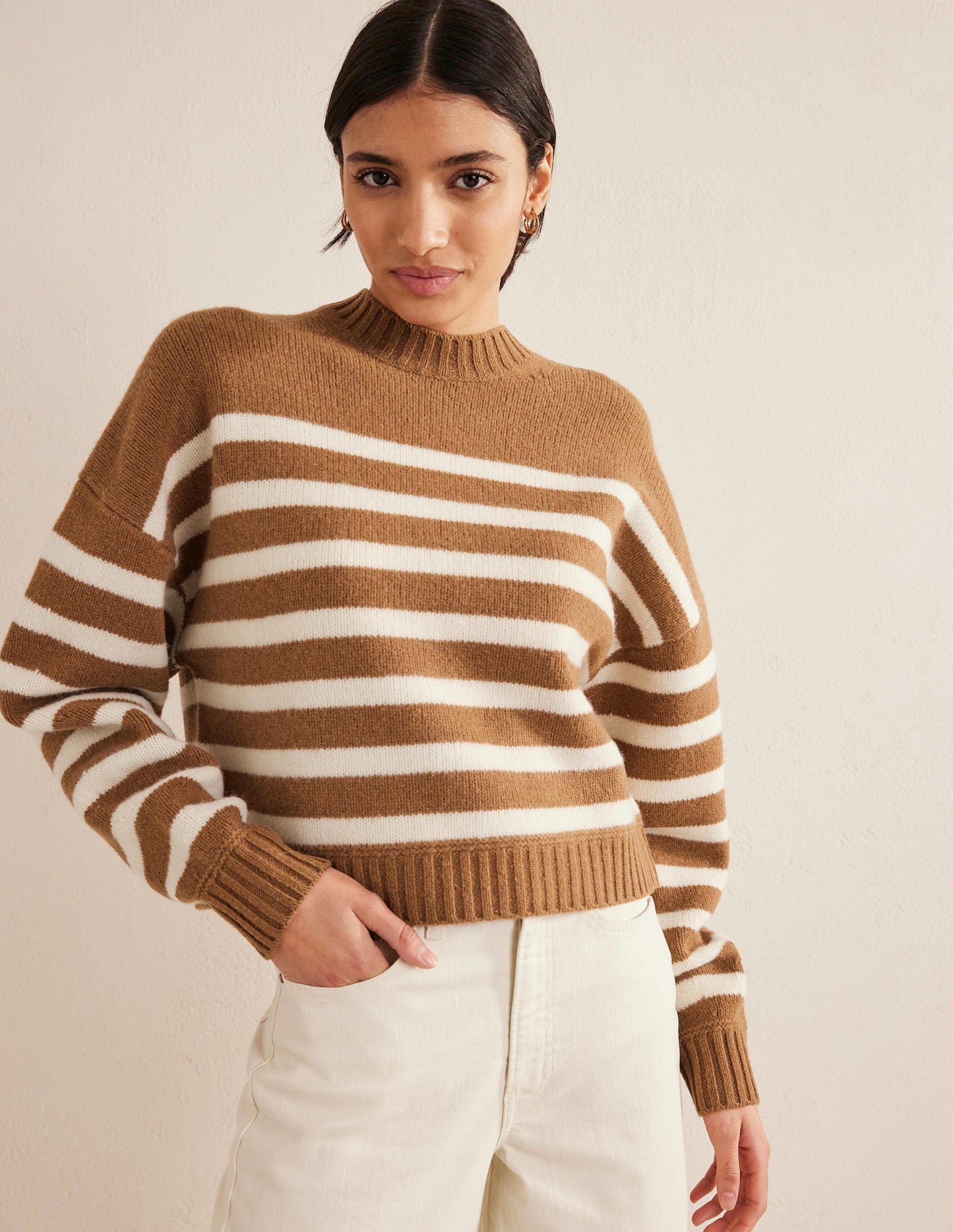 Brushed Wool Cropped Jumper-Teddy Bear, Ivory Stripe