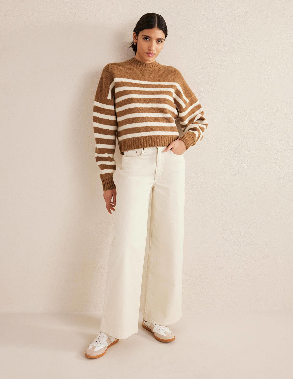 Brushed Wool Cropped Jumper-Teddy Bear, Ivory Stripe - Image 5