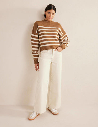 Brushed Wool Cropped Jumper-Teddy Bear, Ivory Stripe-5
