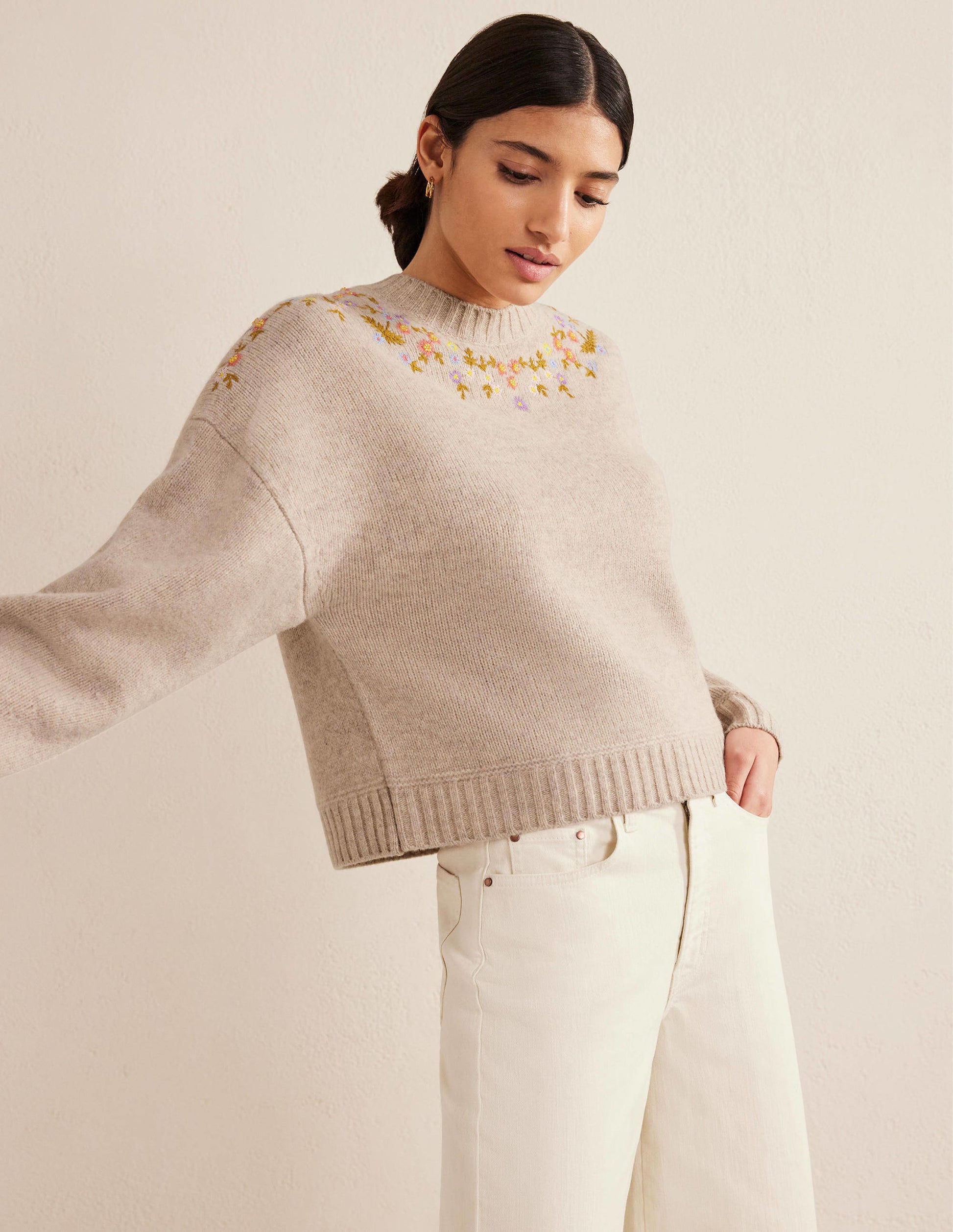 Embellished Wool Jumper-Oatmeal Melange-1
