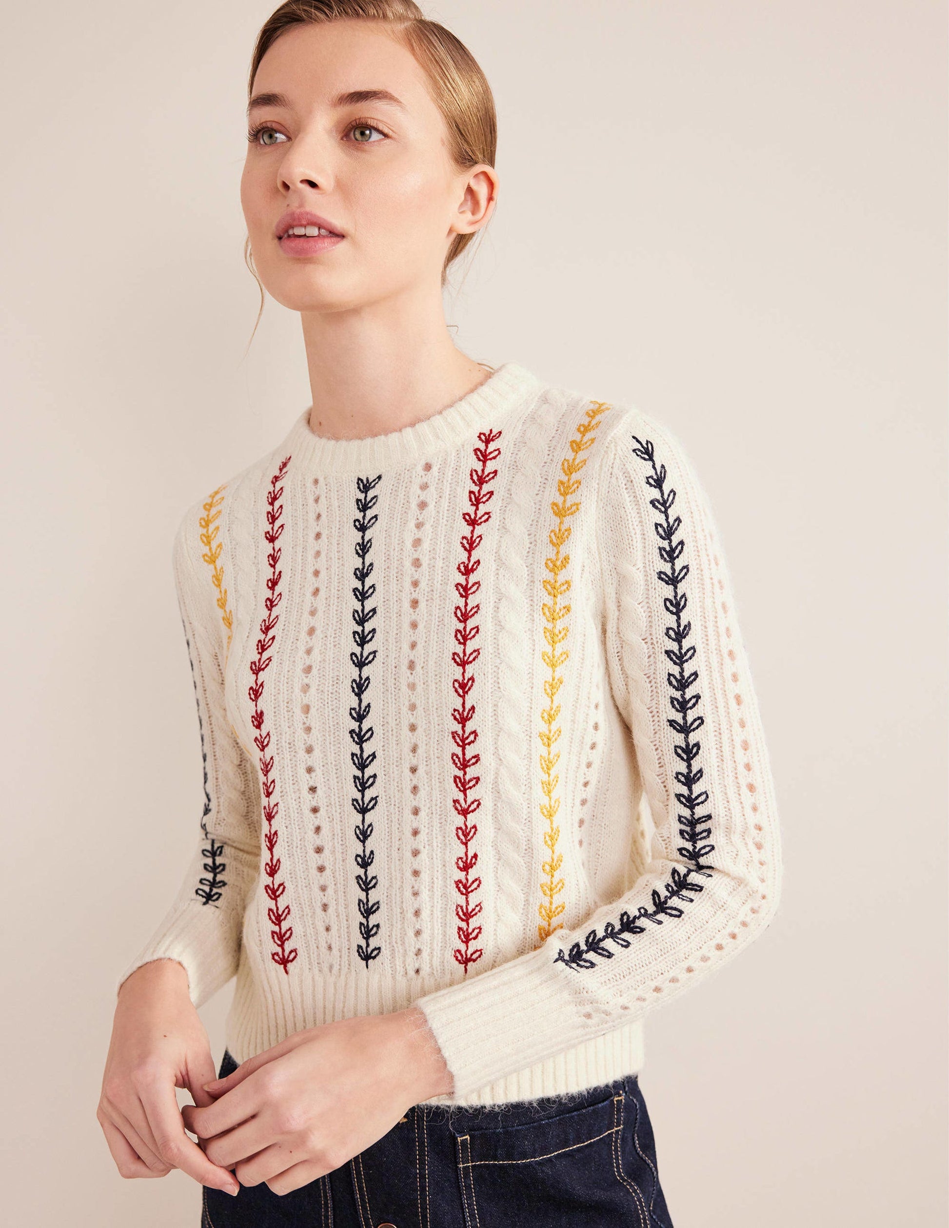 Fluffy Cable Embroidery Jumper-Warm Ivory-1