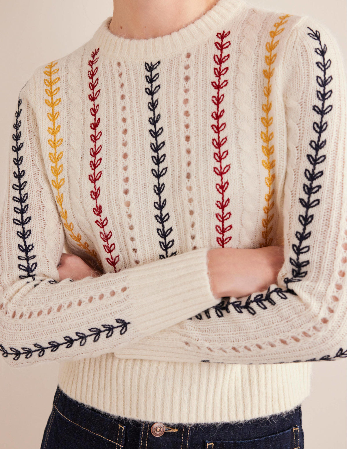 Fluffy Cable Embroidery Jumper-Warm Ivory - Image 2