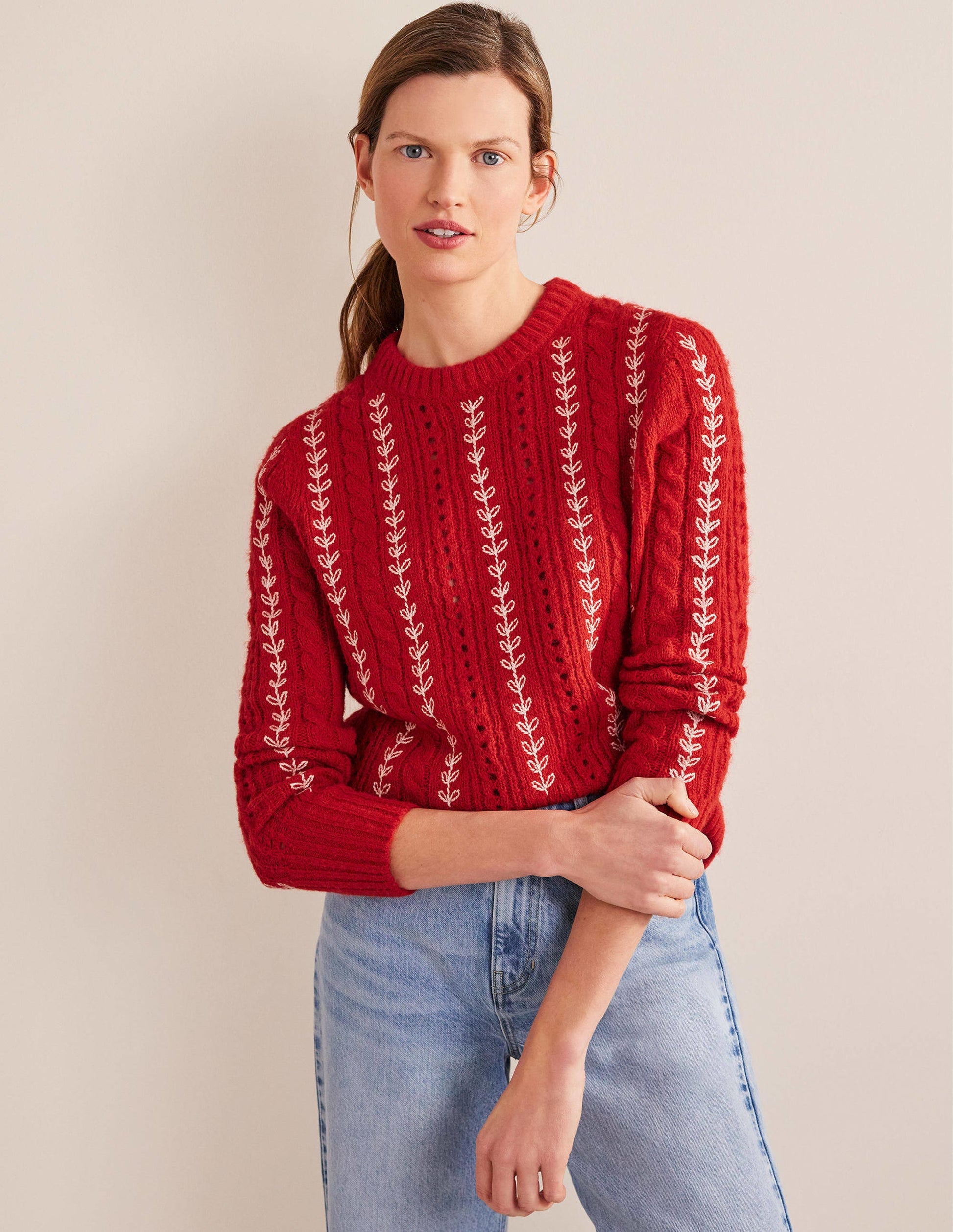 Fluffy Cable Embroidery Jumper-Tomato-1
