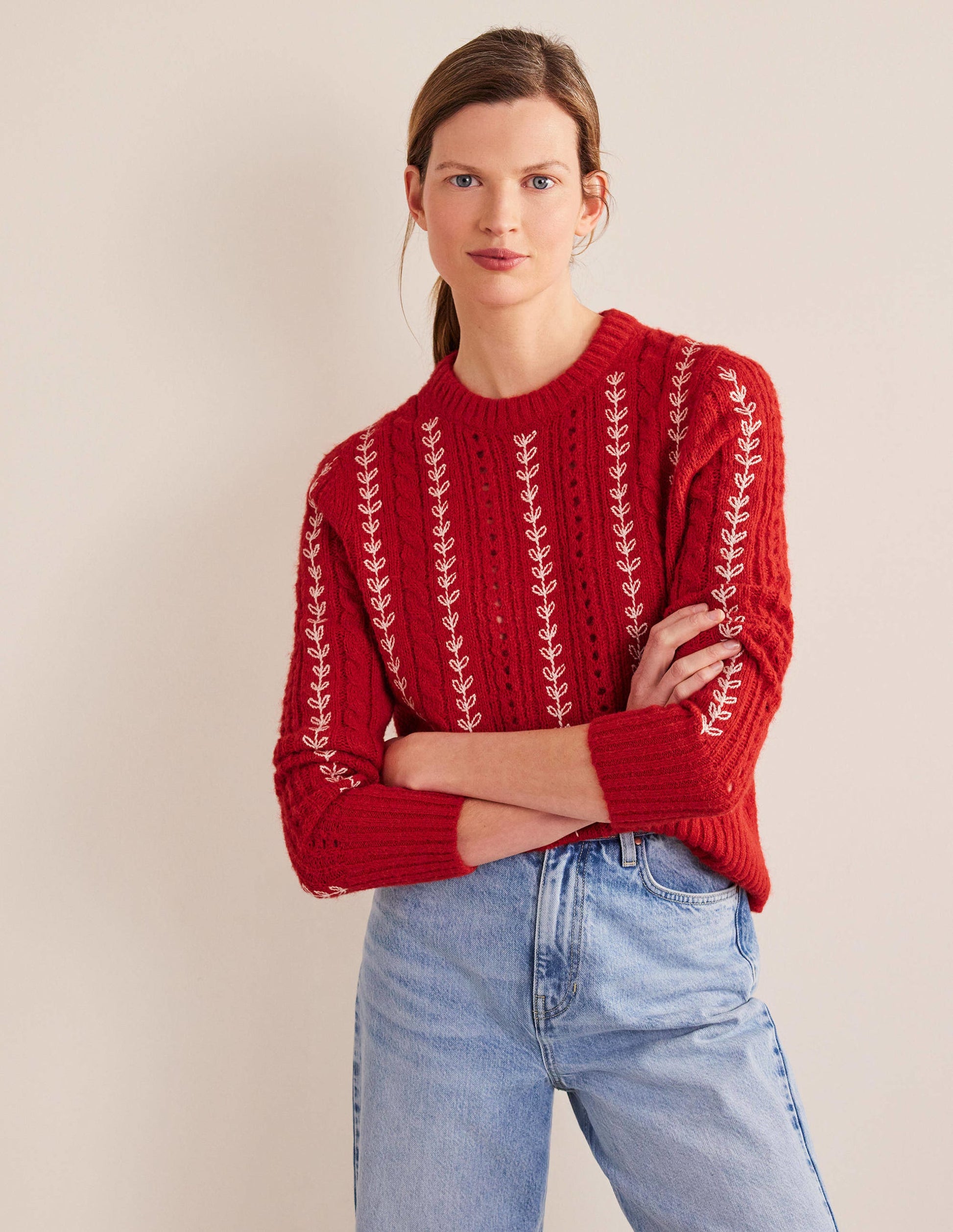 Fluffy Cable Embroidery Jumper-Tomato-4