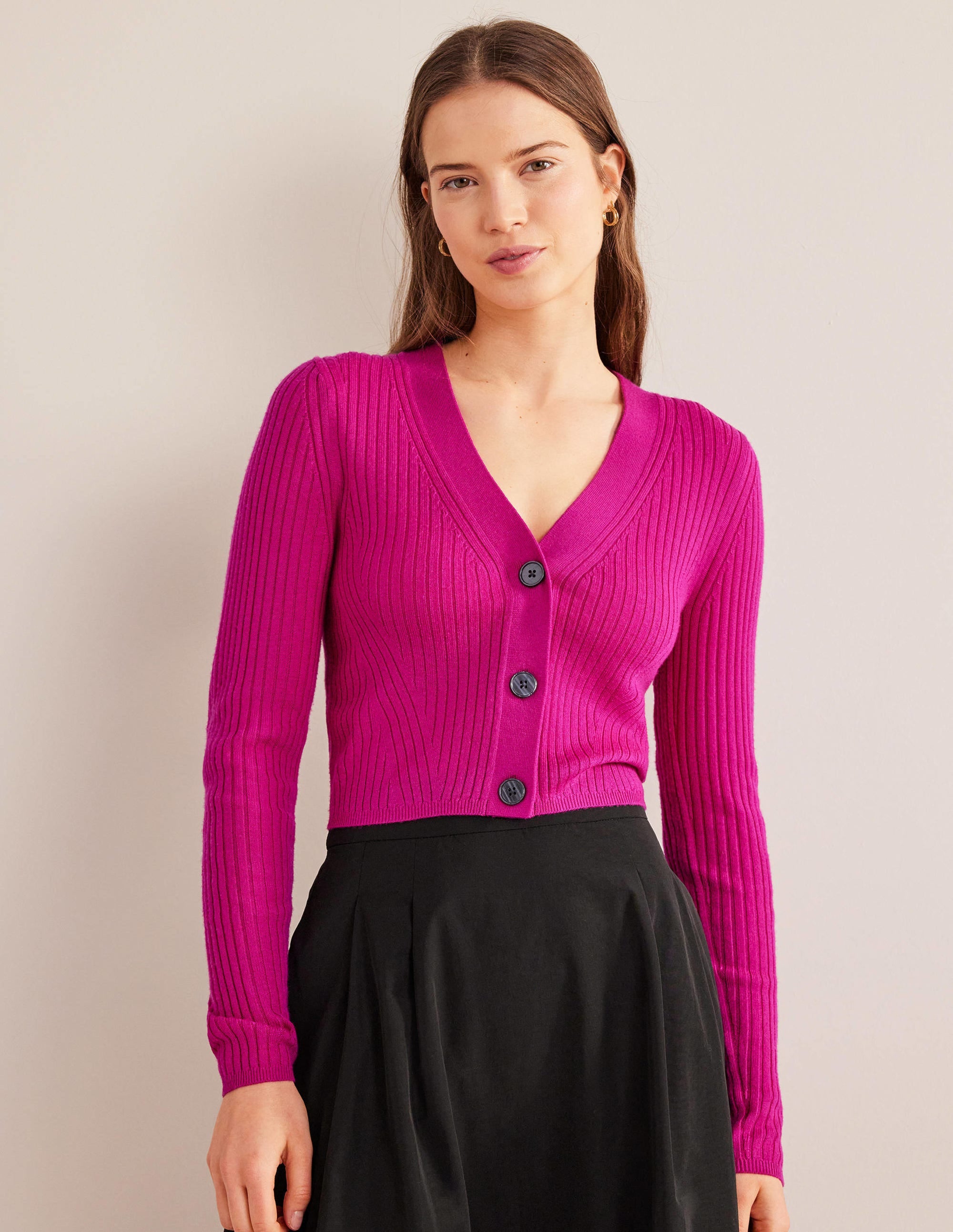 Merino Cropped RIb Cardigan-Rose Violet - Image 1
