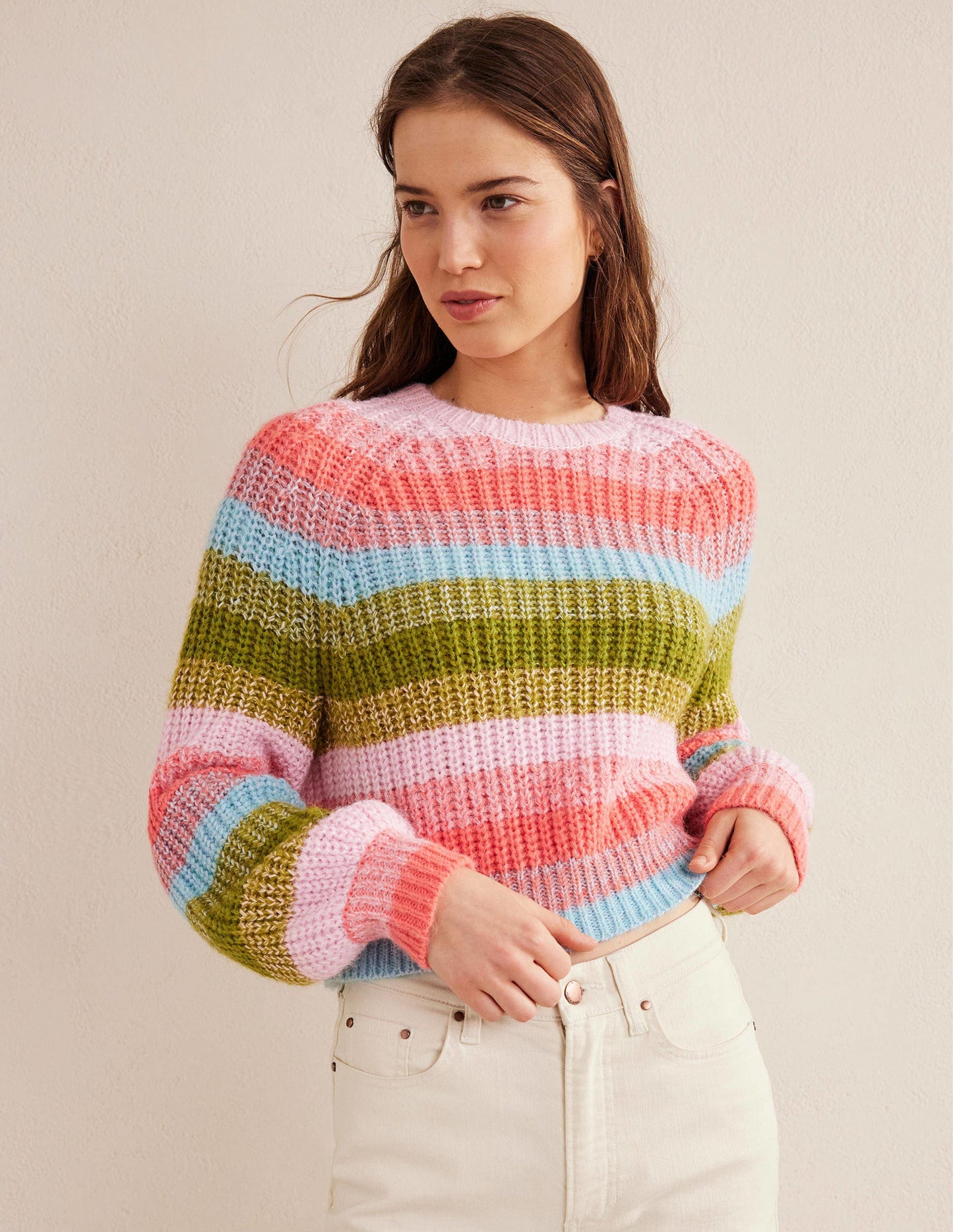 Fluffy Ribbed Raglan Jumper-Rainbow Stripe
