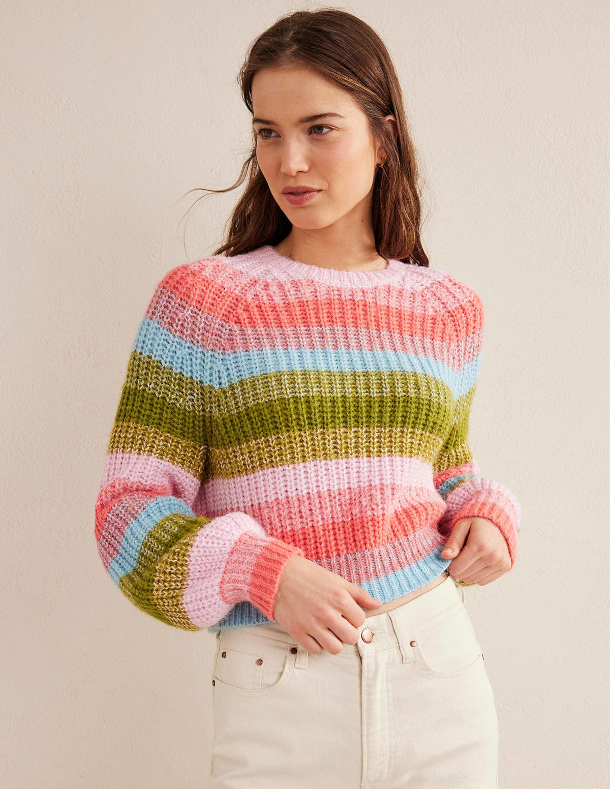 Fluffy Ribbed Raglan Jumper-Rainbow Stripe - Image 1