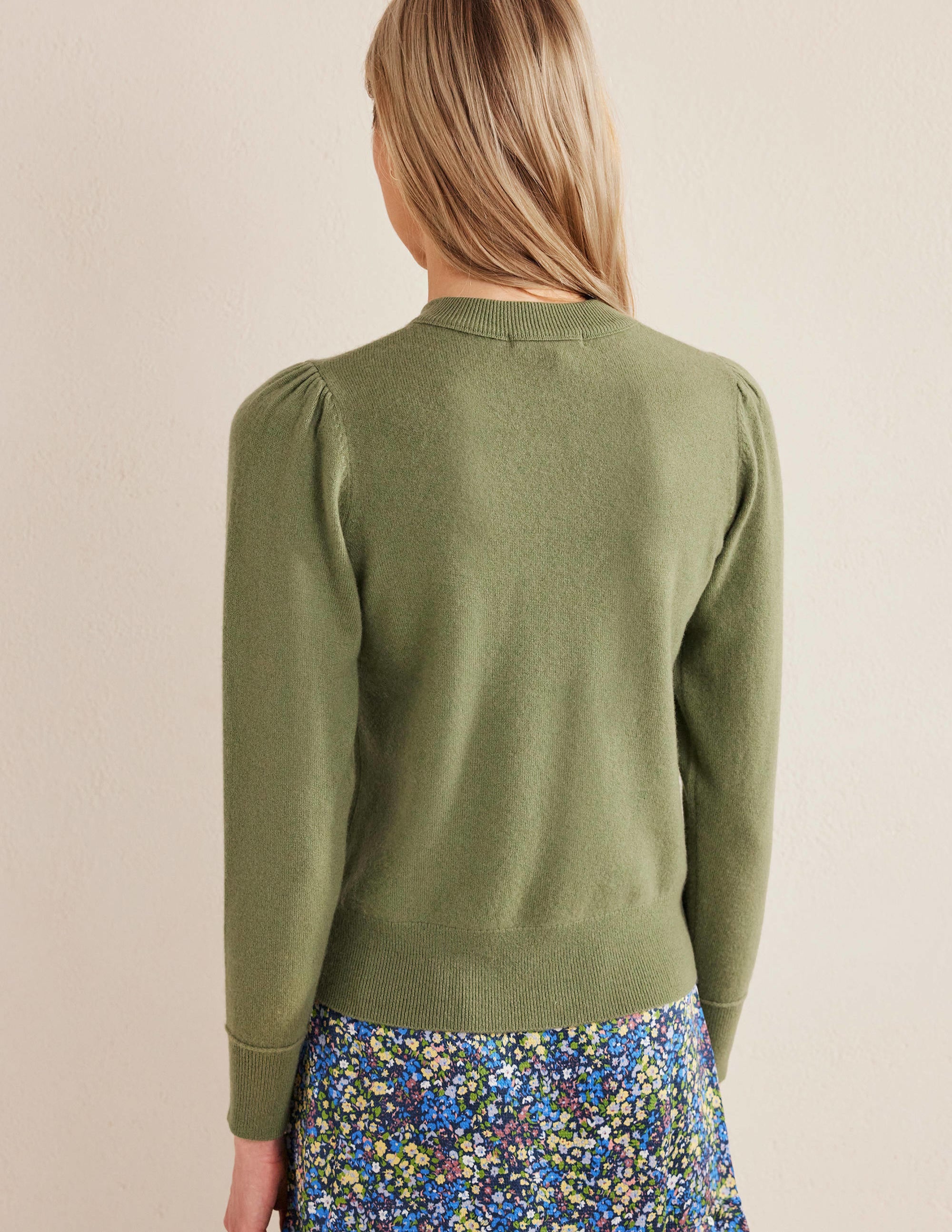 Cashmere Puff Shoulder Jumper-Stone Green - Image 3