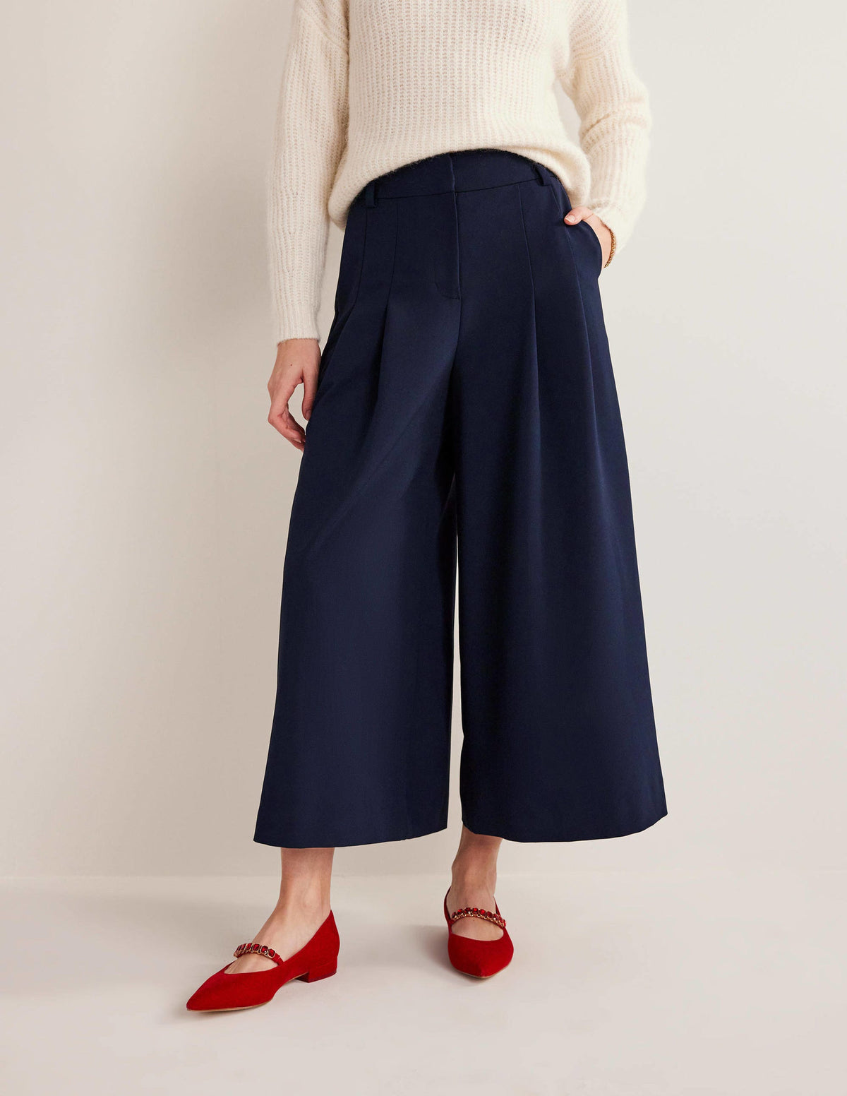Wide Leg Fluid Culottes-Navy-4