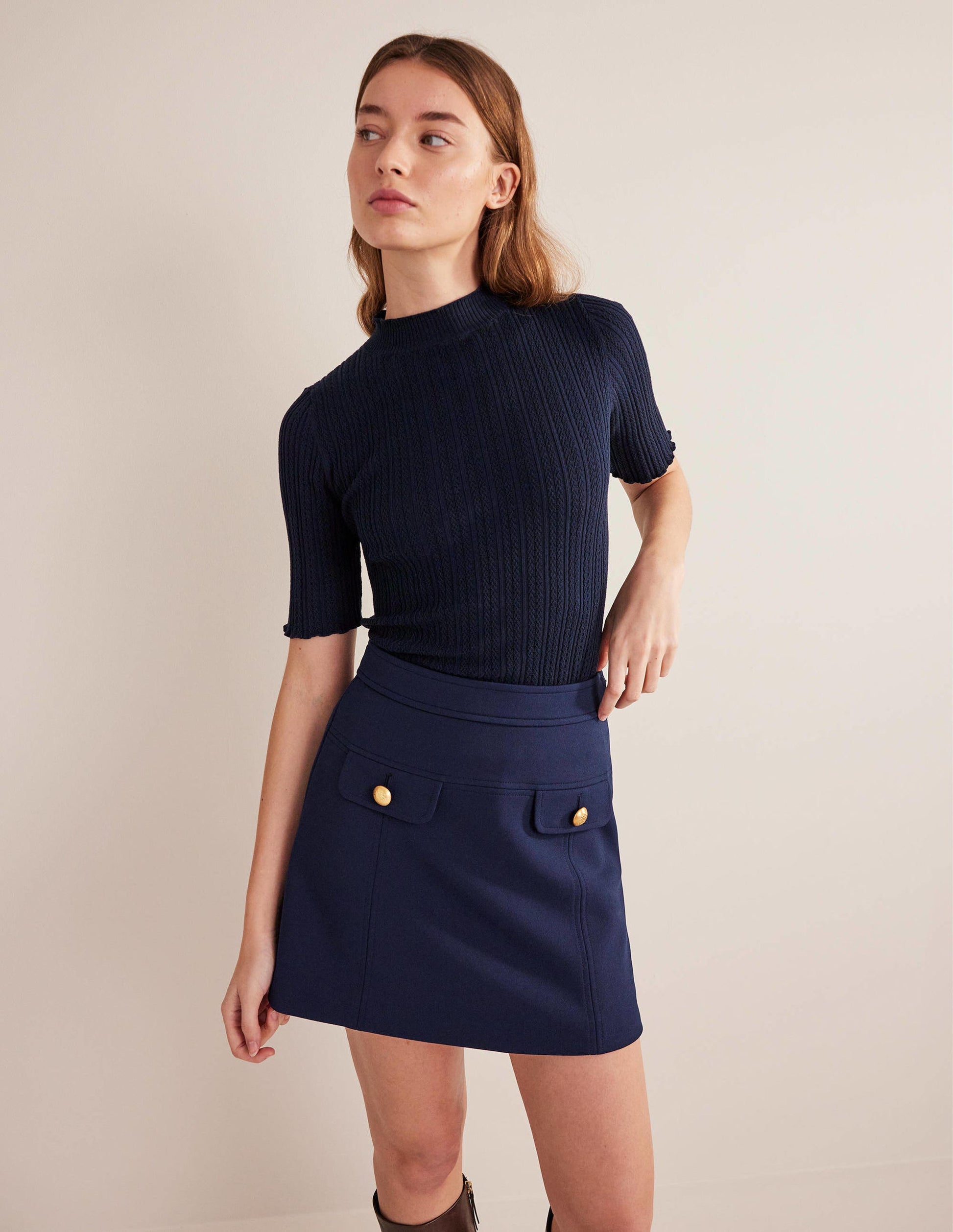 Tailored A-line Mini Skirt-Navy-1