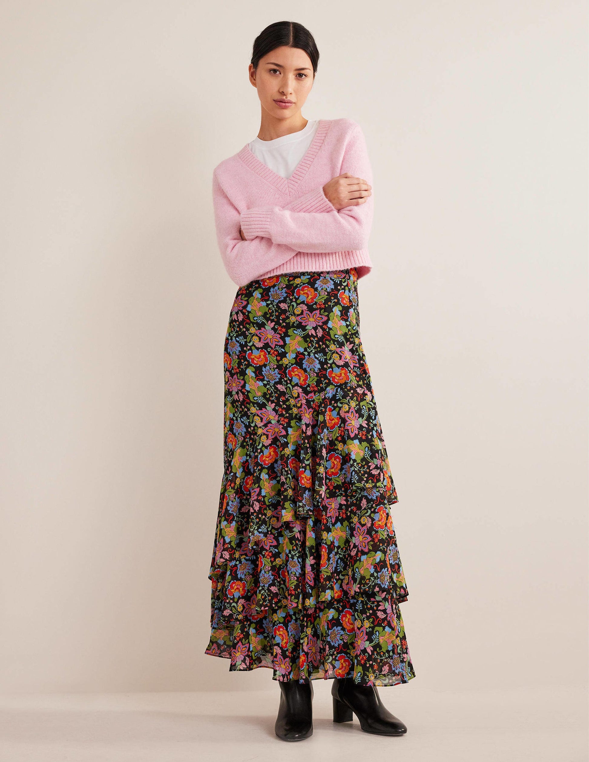Multi Ruffle Maxi Skirt-Black, Carnation Garden-1