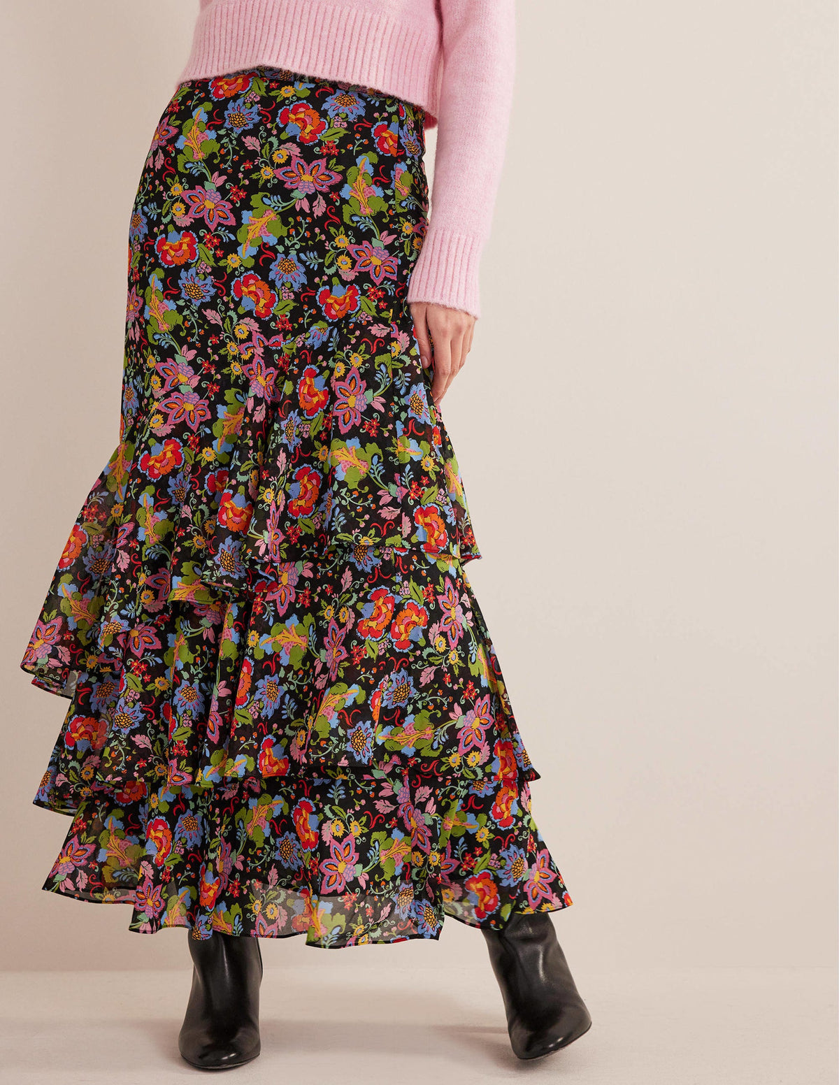 Multi Ruffle Maxi Skirt-Black, Carnation Garden-4