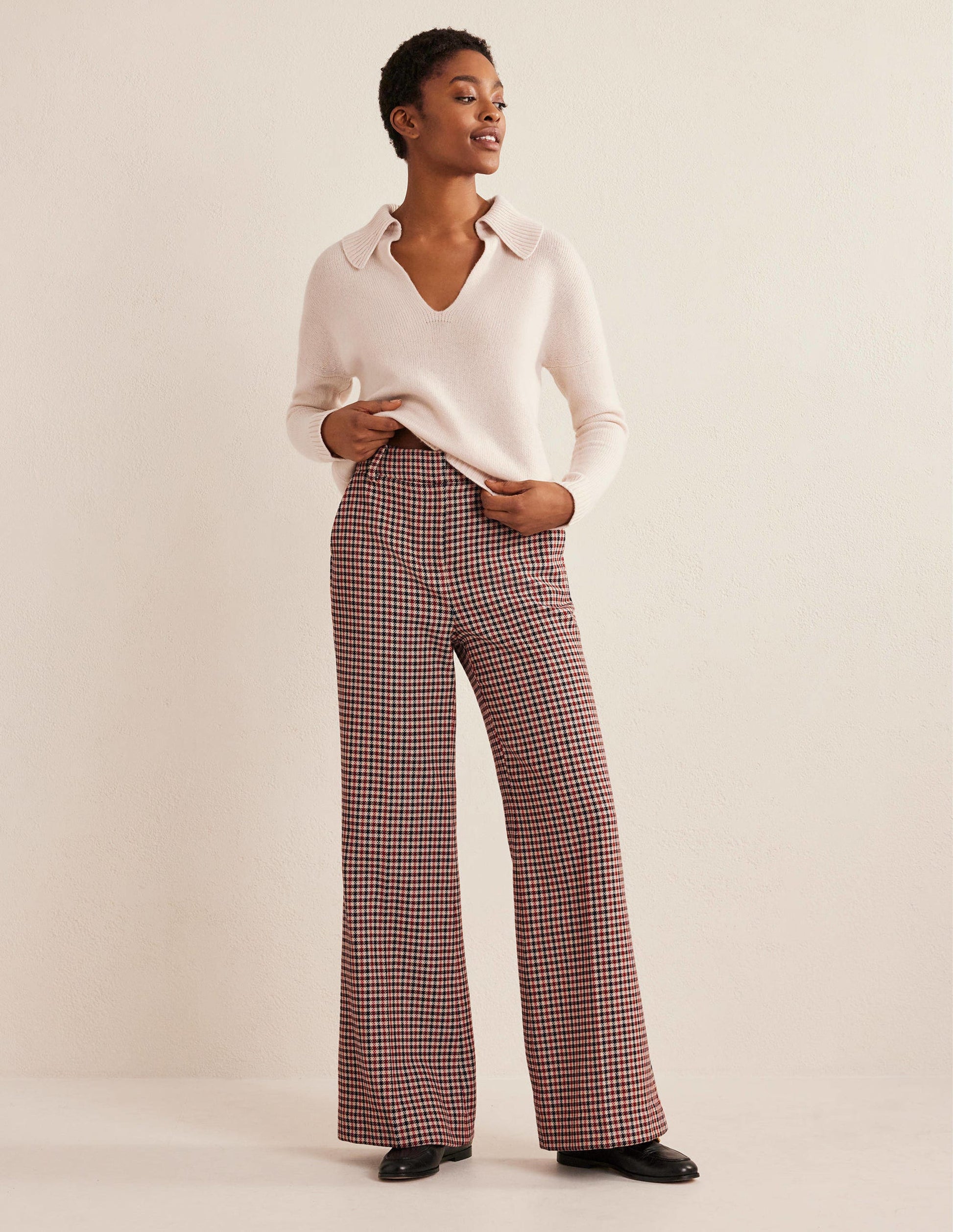 Wide Leg Flared Check Trousers-Check-1