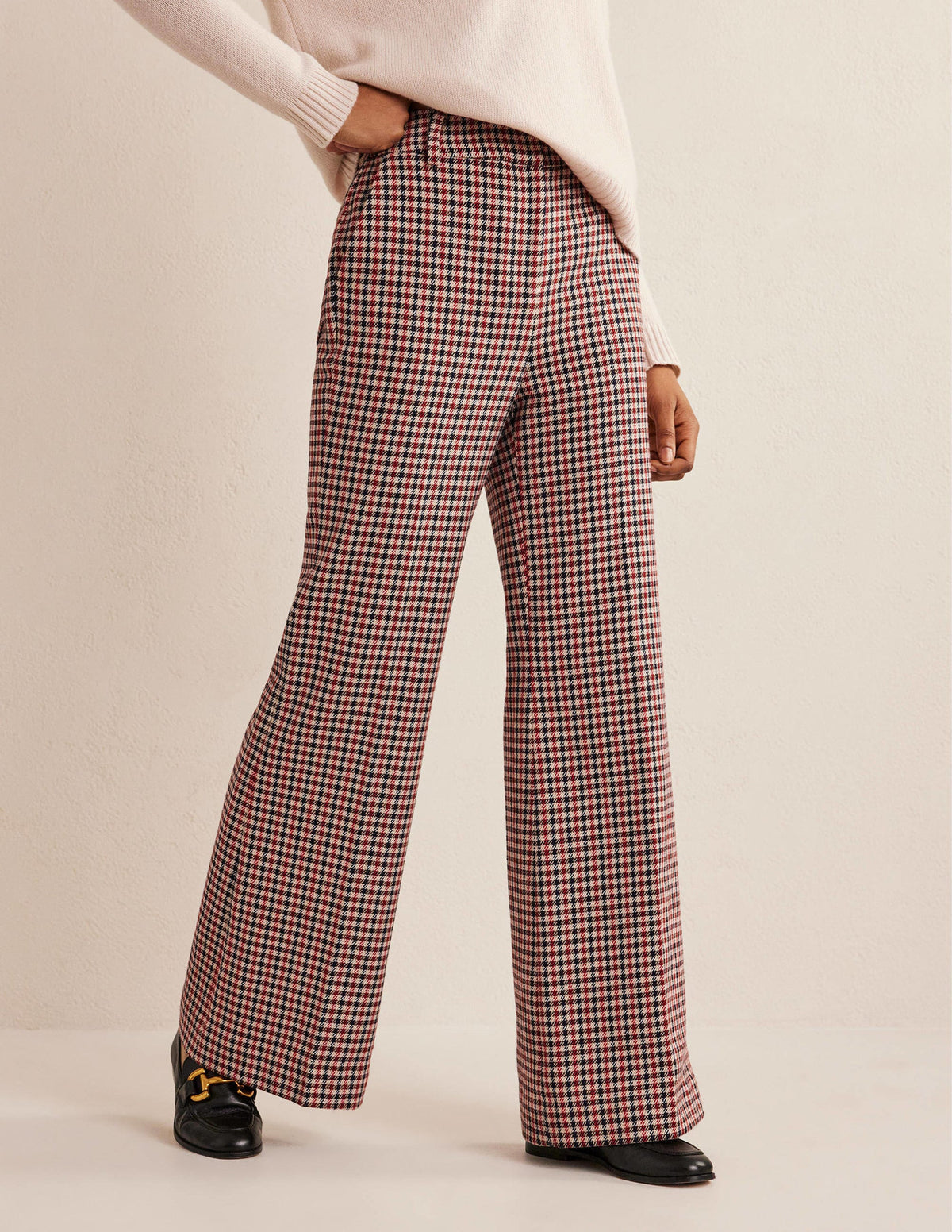 Wide Leg Flared Check Trousers-Check-5