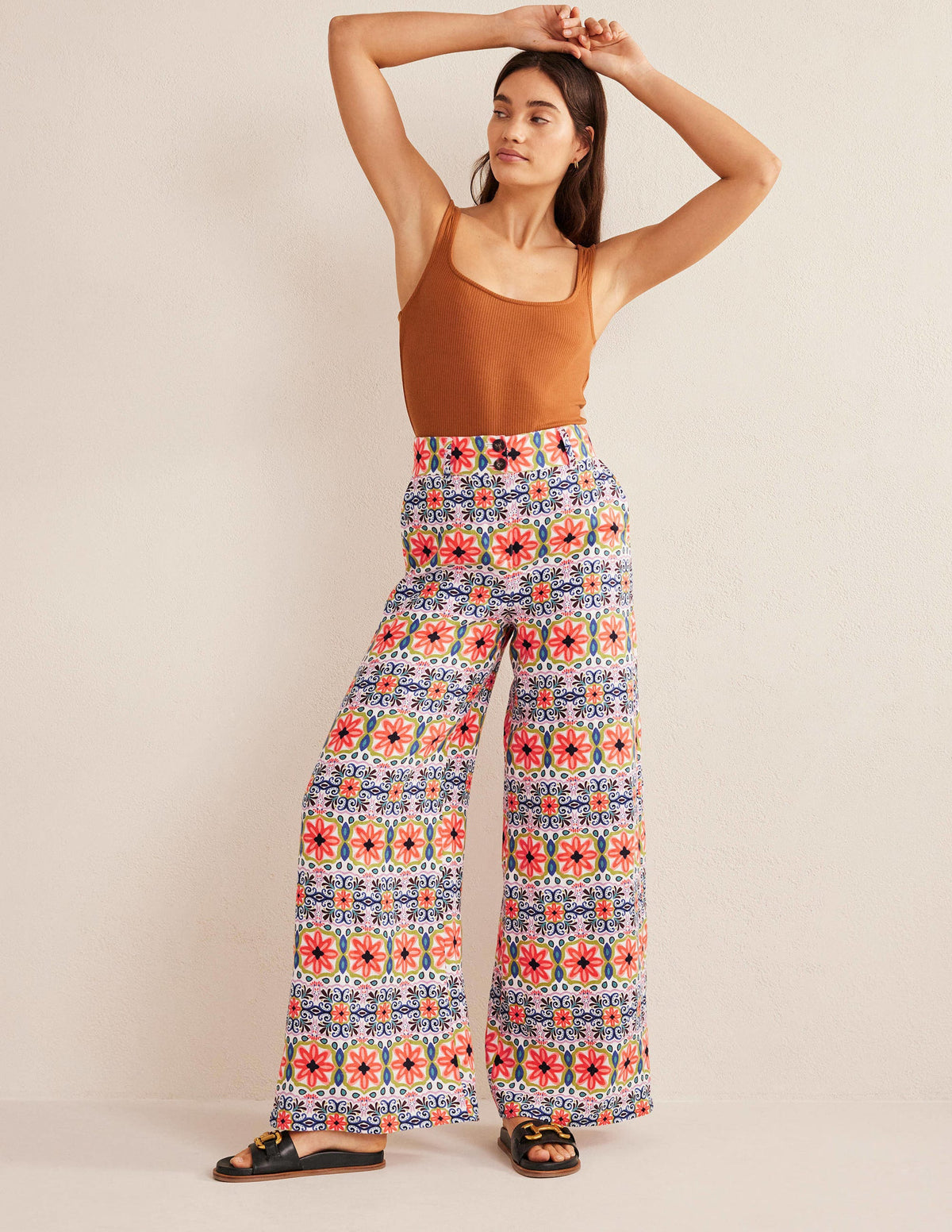 Wide Leg Printed Linen Trouser-Multi, Tapestry Stripe-1
