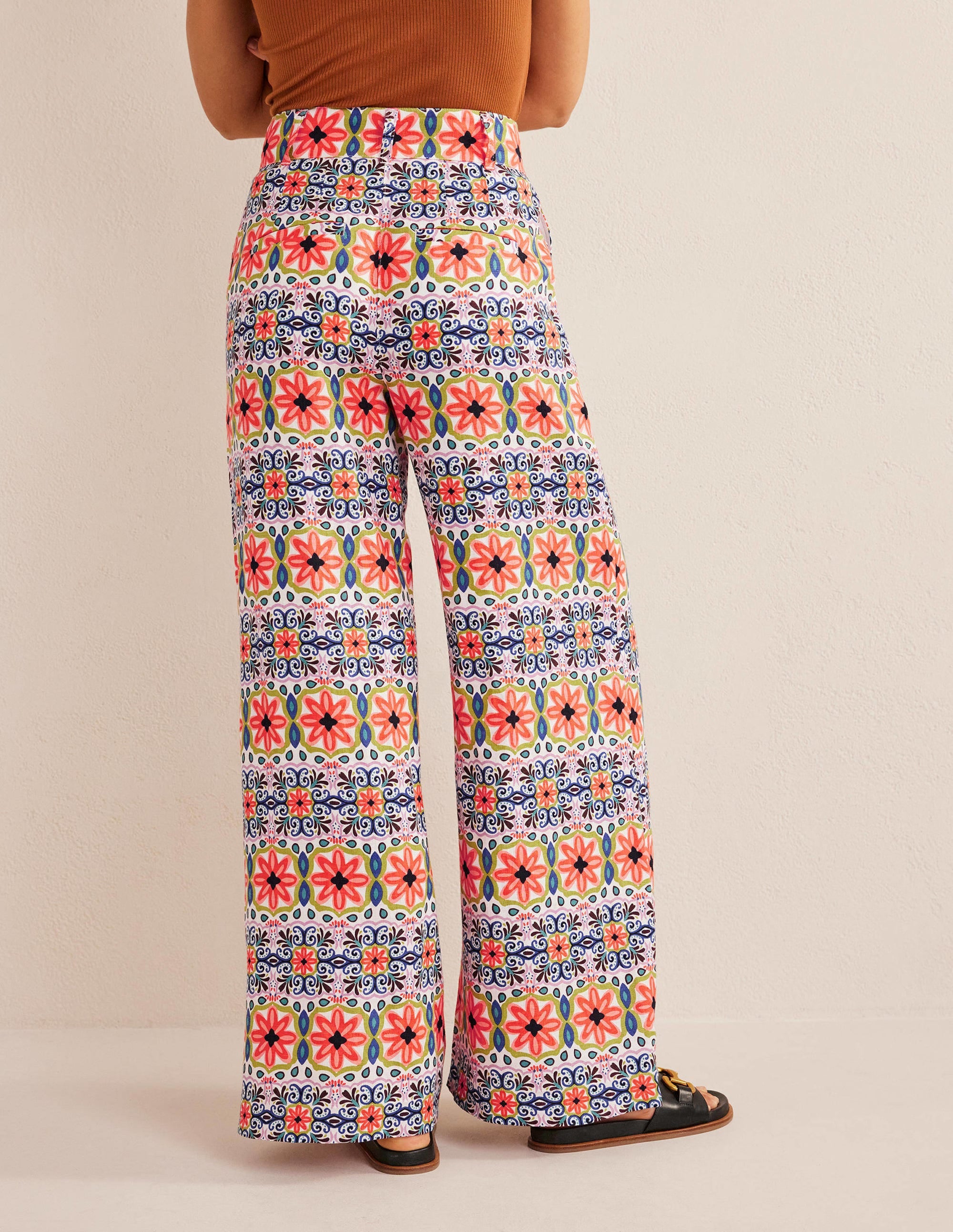Wide Leg Printed Linen Trouser-Multi, Tapestry Stripe - Image 3