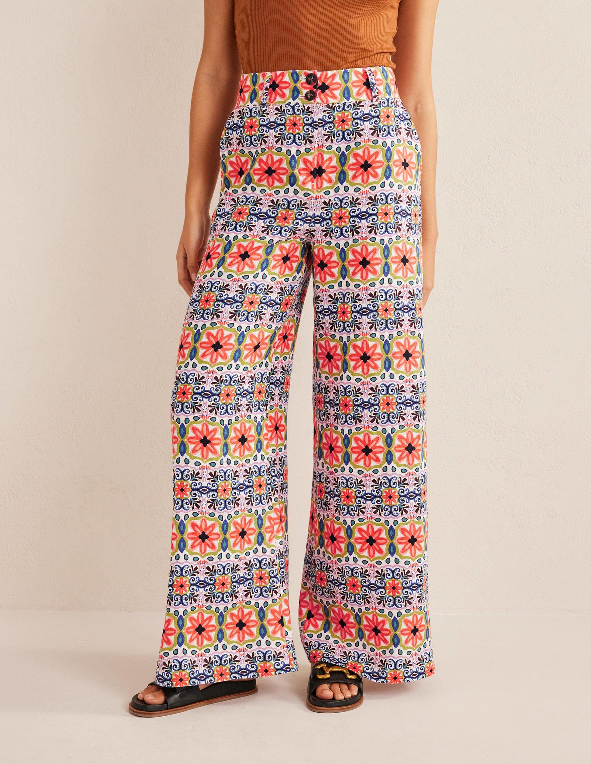 Wide Leg Printed Linen Trouser-Multi, Tapestry Stripe-4