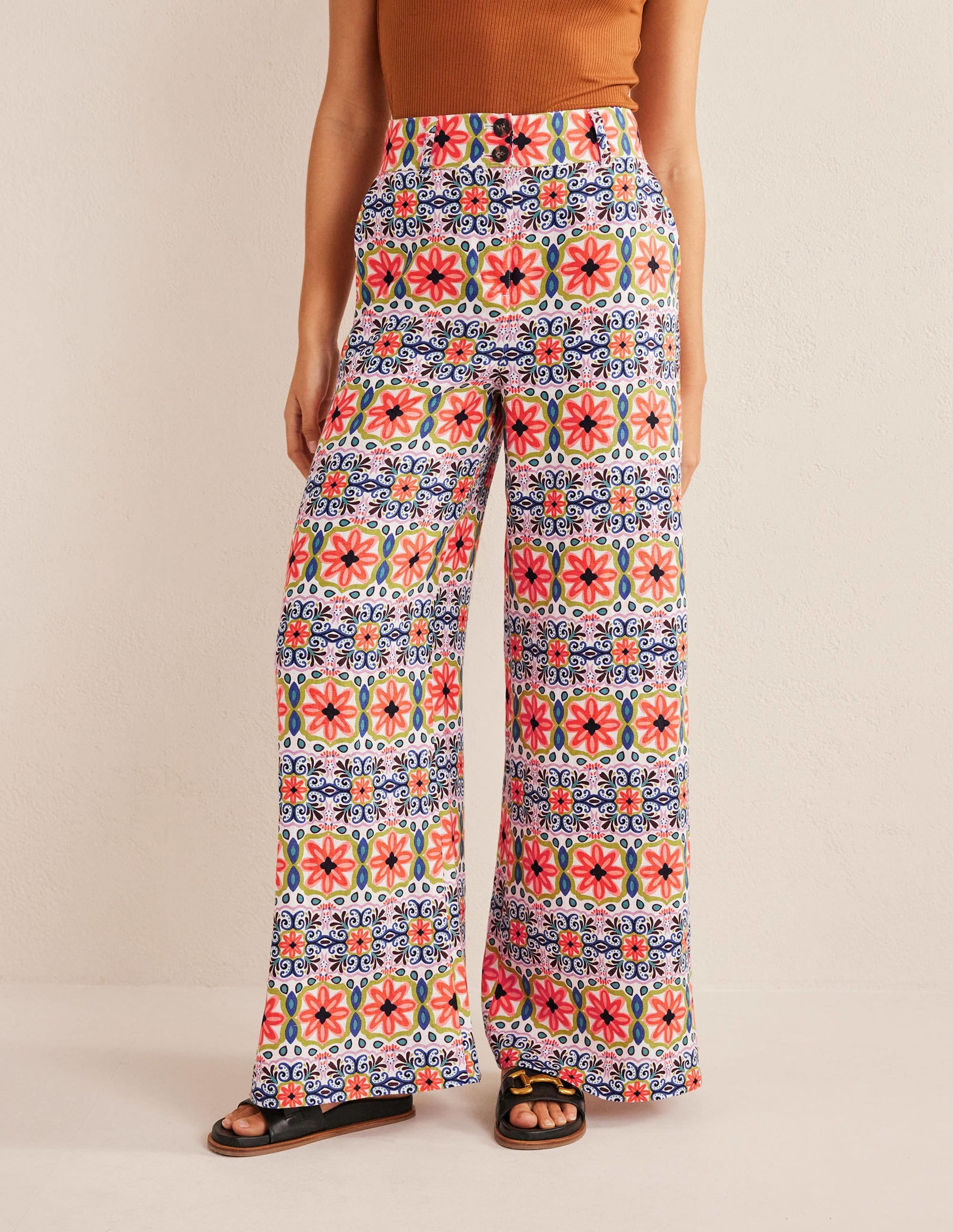 Wide Leg Printed Linen Trouser-Multi, Tapestry Stripe - Image 4