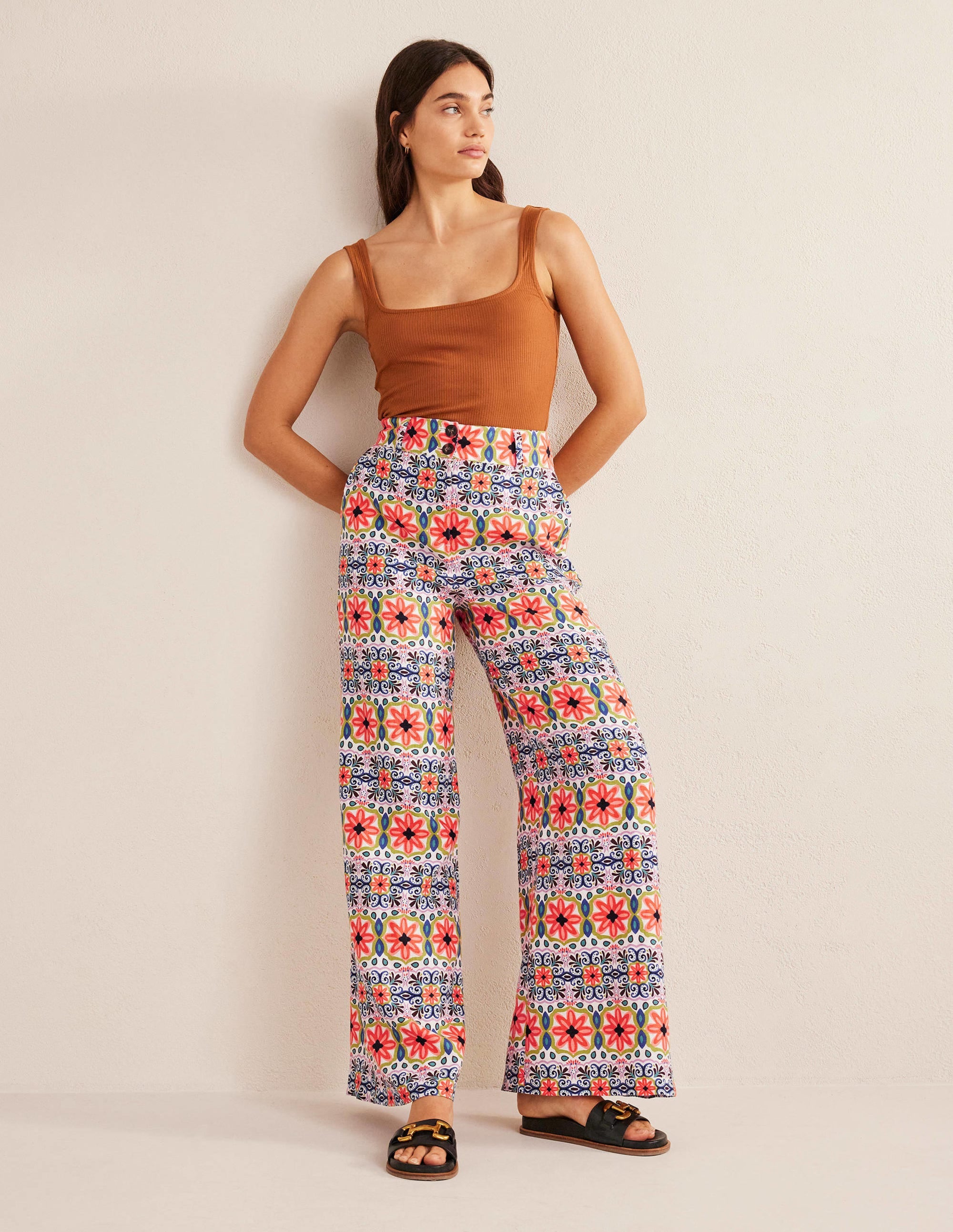 Wide Leg Printed Linen Trouser-Multi, Tapestry Stripe - Image 6