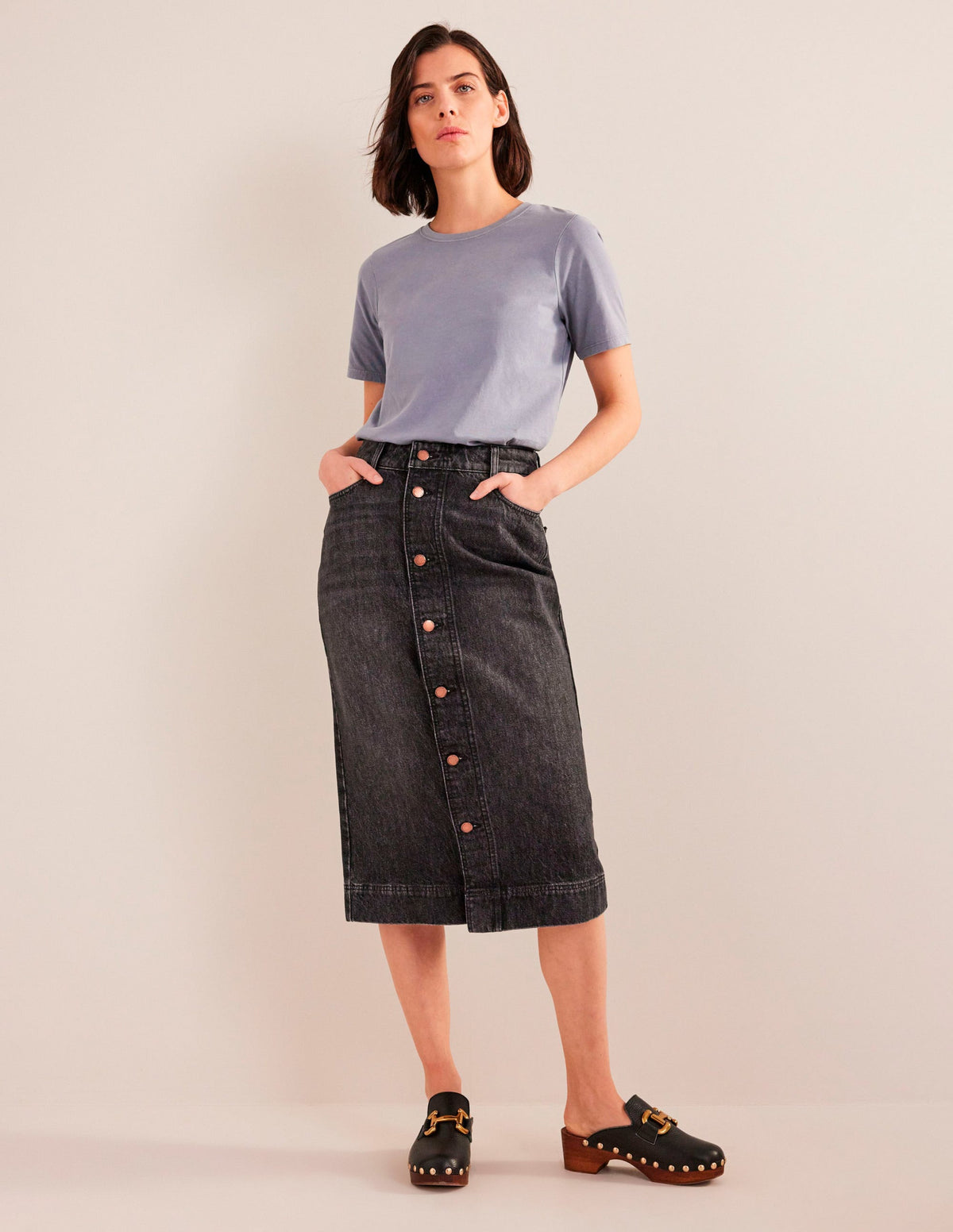 Straight Denim Midi Skirt-Black - Image 1