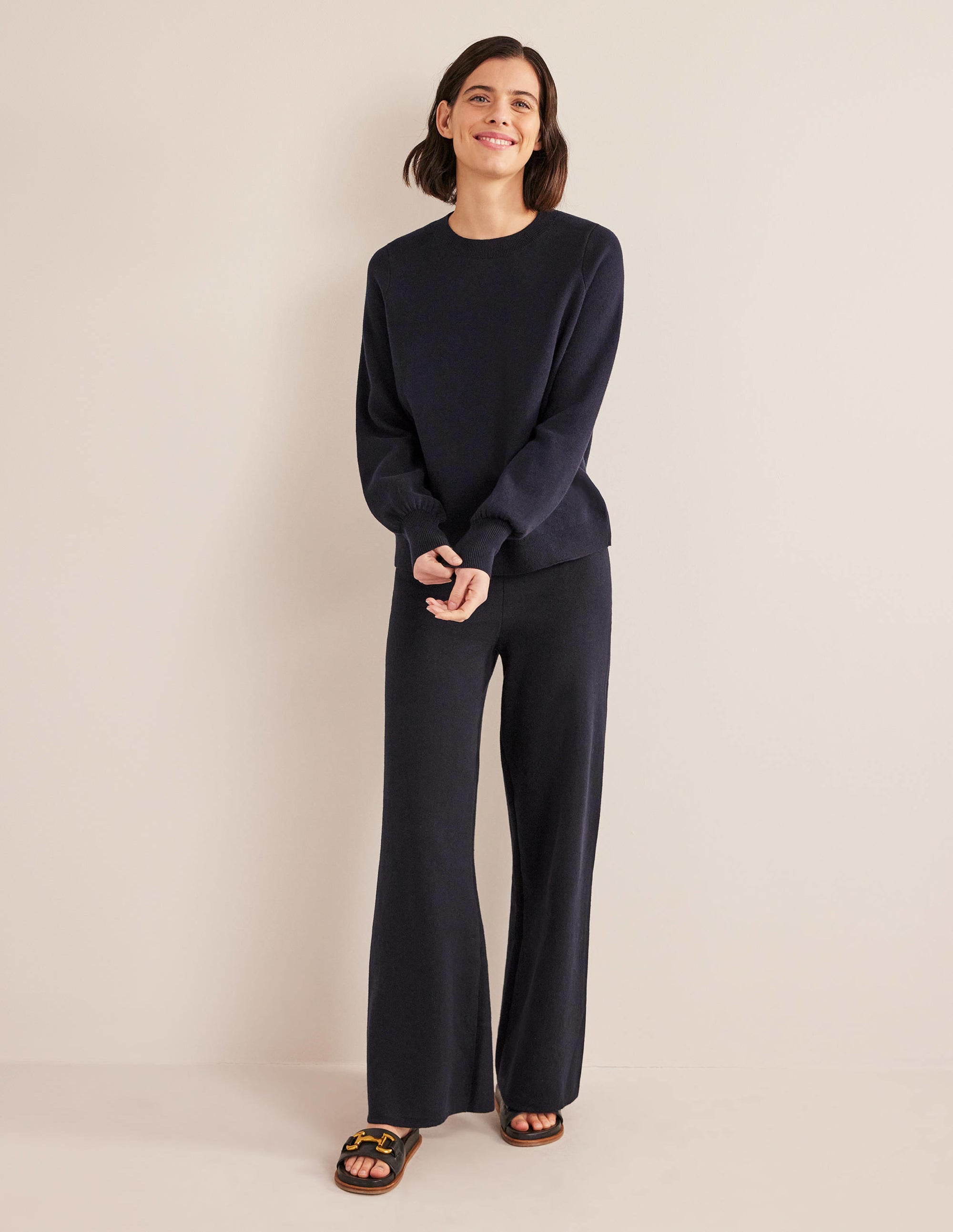 Knitted Wide Leg Trousers-Navy - Image 1
