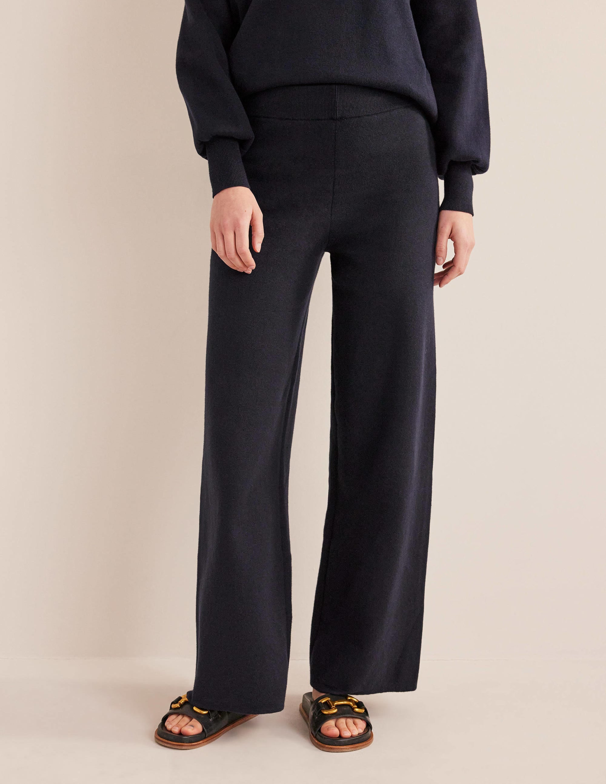 Knitted Wide Leg Trousers-Navy - Image 4