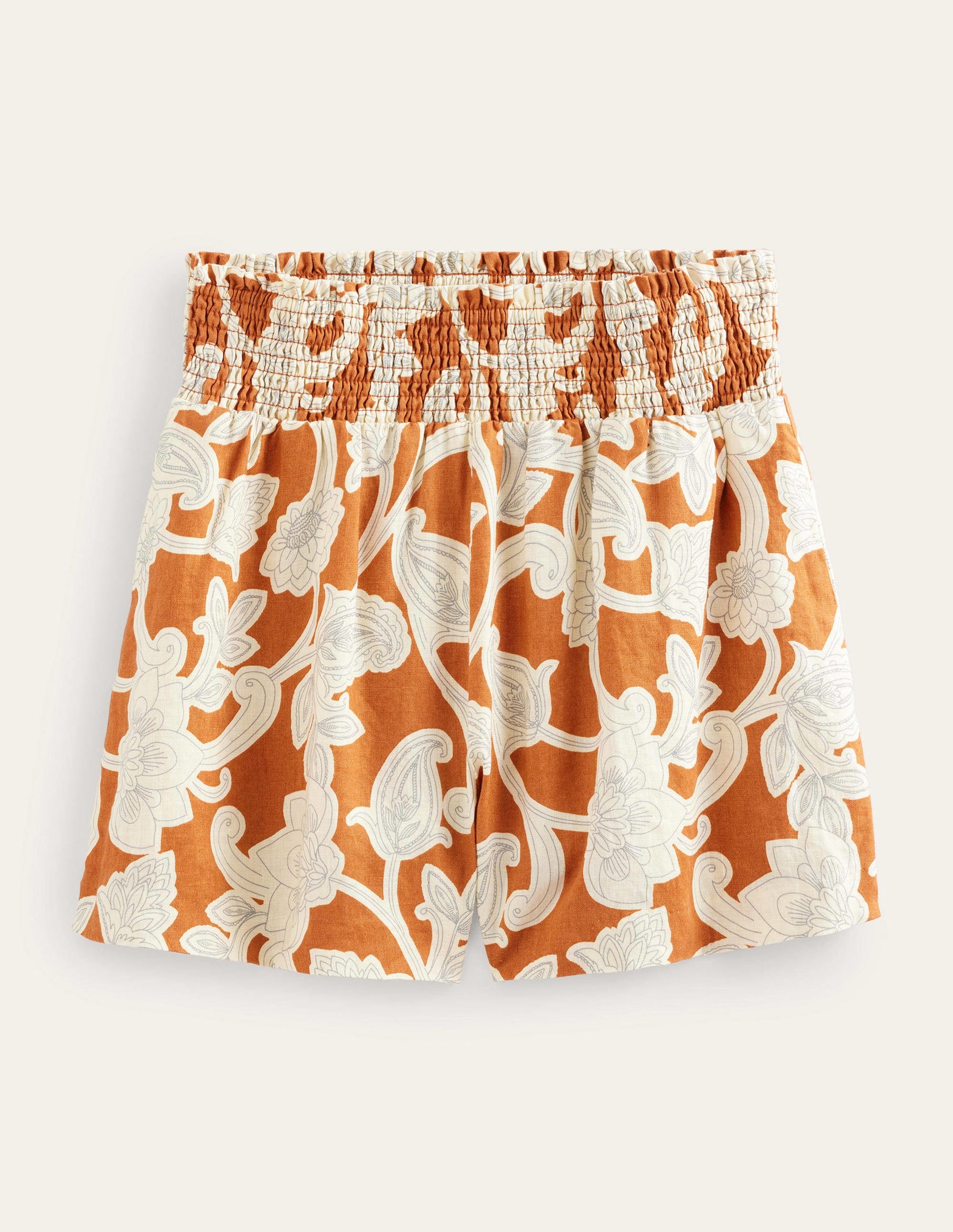 Linen Shirred Waist Shorts-Rust Paisley Whirl-3