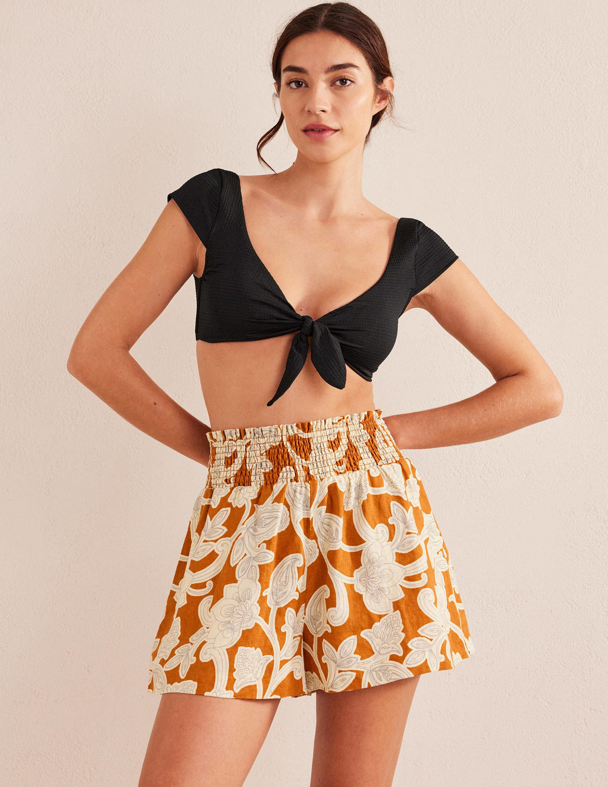 Linen Shirred Waist Shorts-Rust Paisley Whirl - Image 1