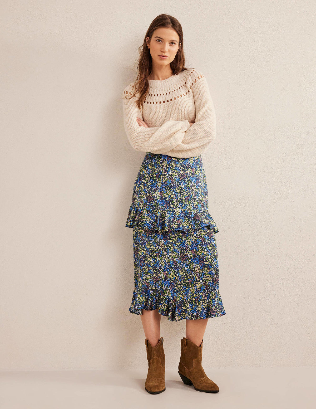 Satin Ruffle Midi Skirt-Nebulas Blue, Gatdenia Petal-5