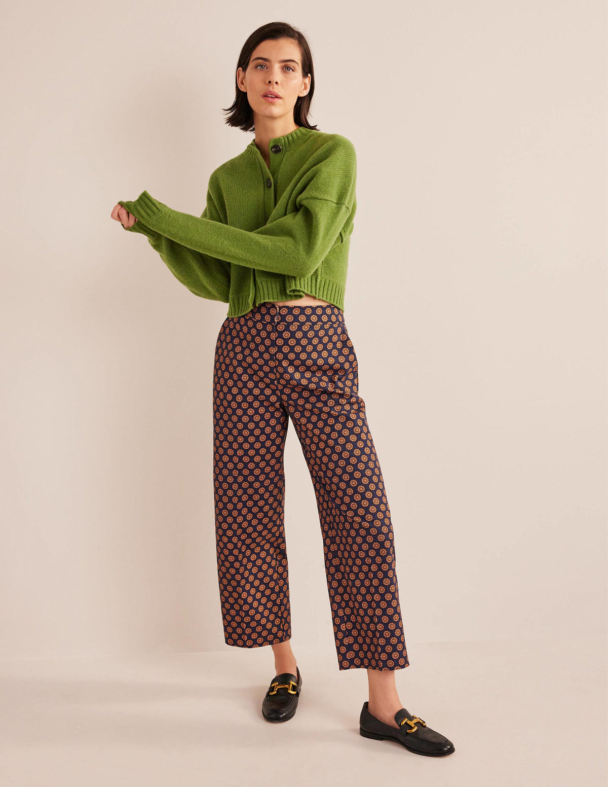Printed Straight Trousers-Navy, Sunflower Geo - Image 1