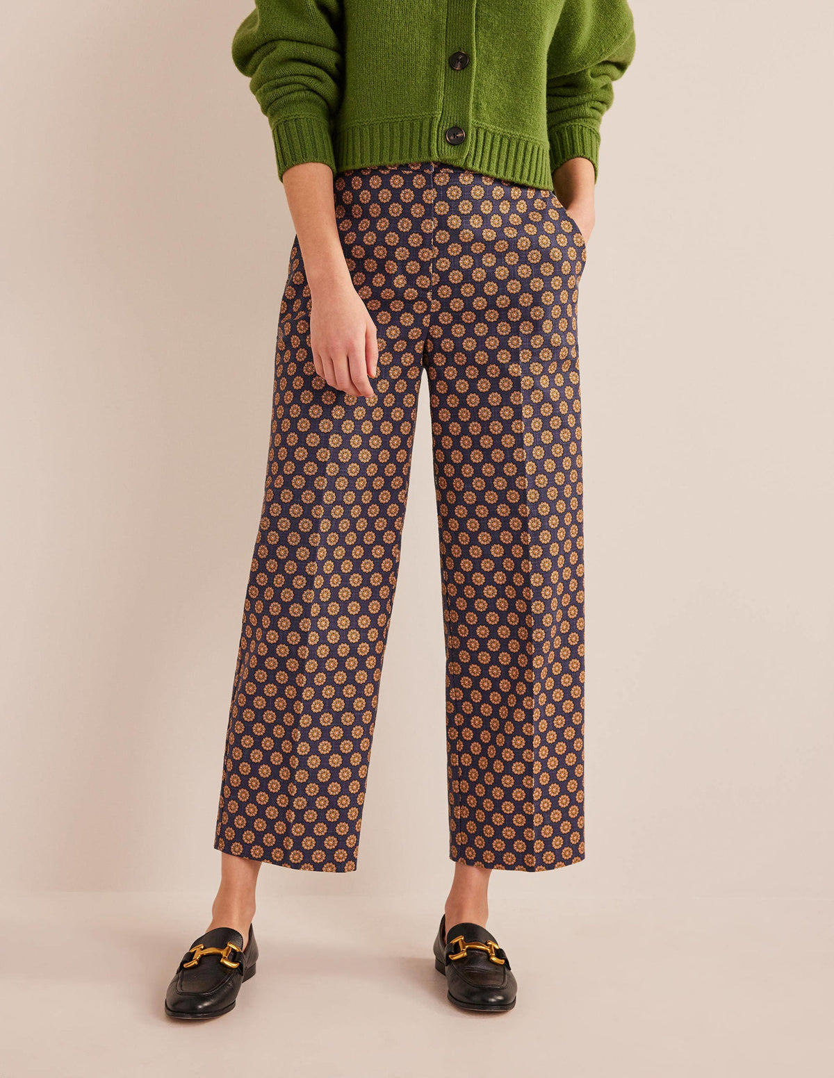 Printed Straight Trousers-Navy, Sunflower Geo-4