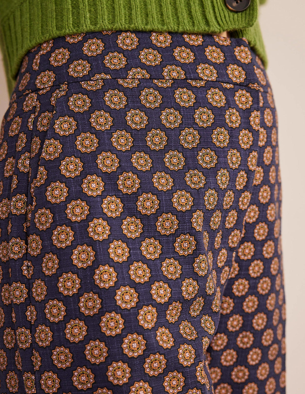 Printed Straight Trousers-Navy, Sunflower Geo-5