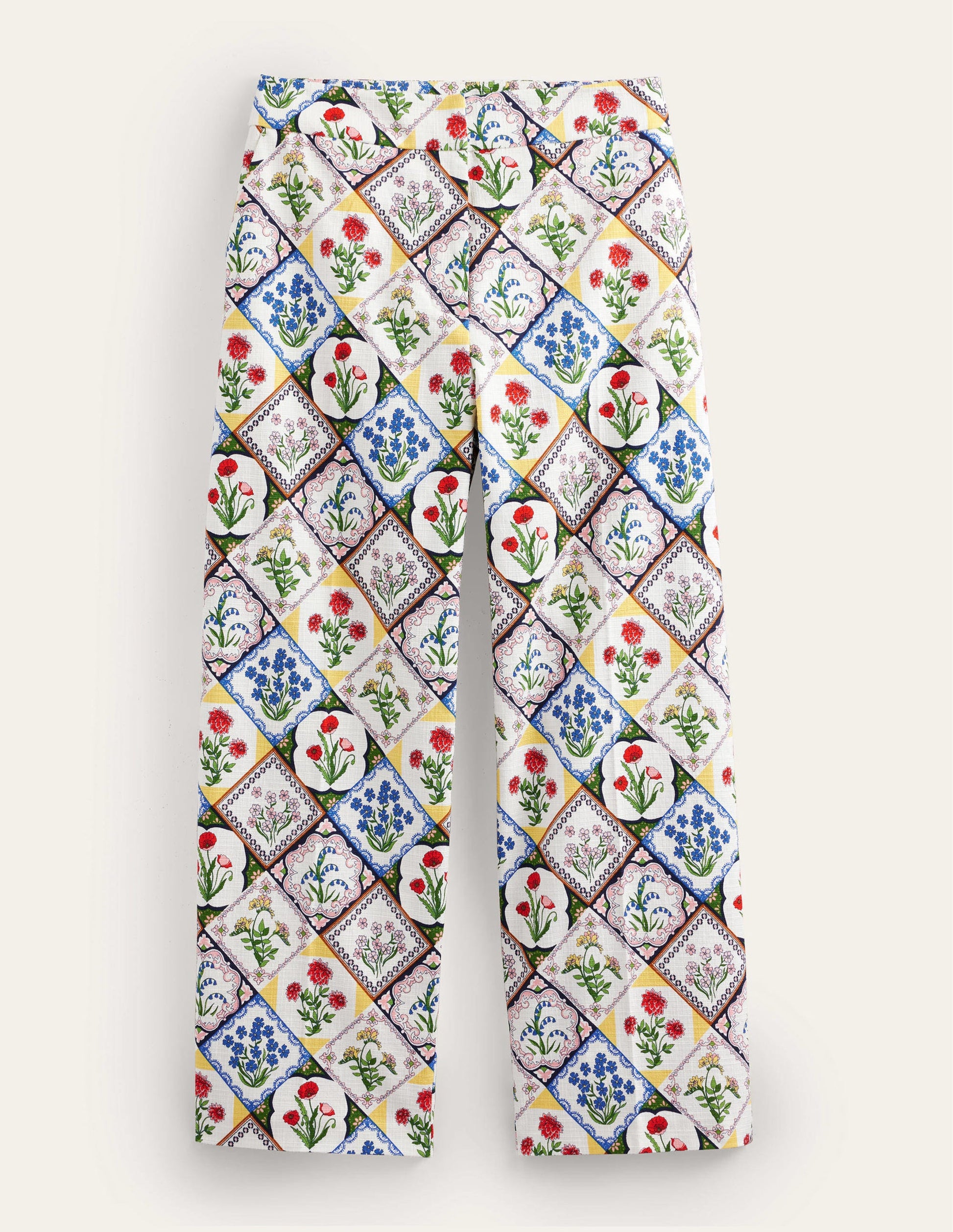 Printed Straight Trousers-Ivory, White Bluebell-6