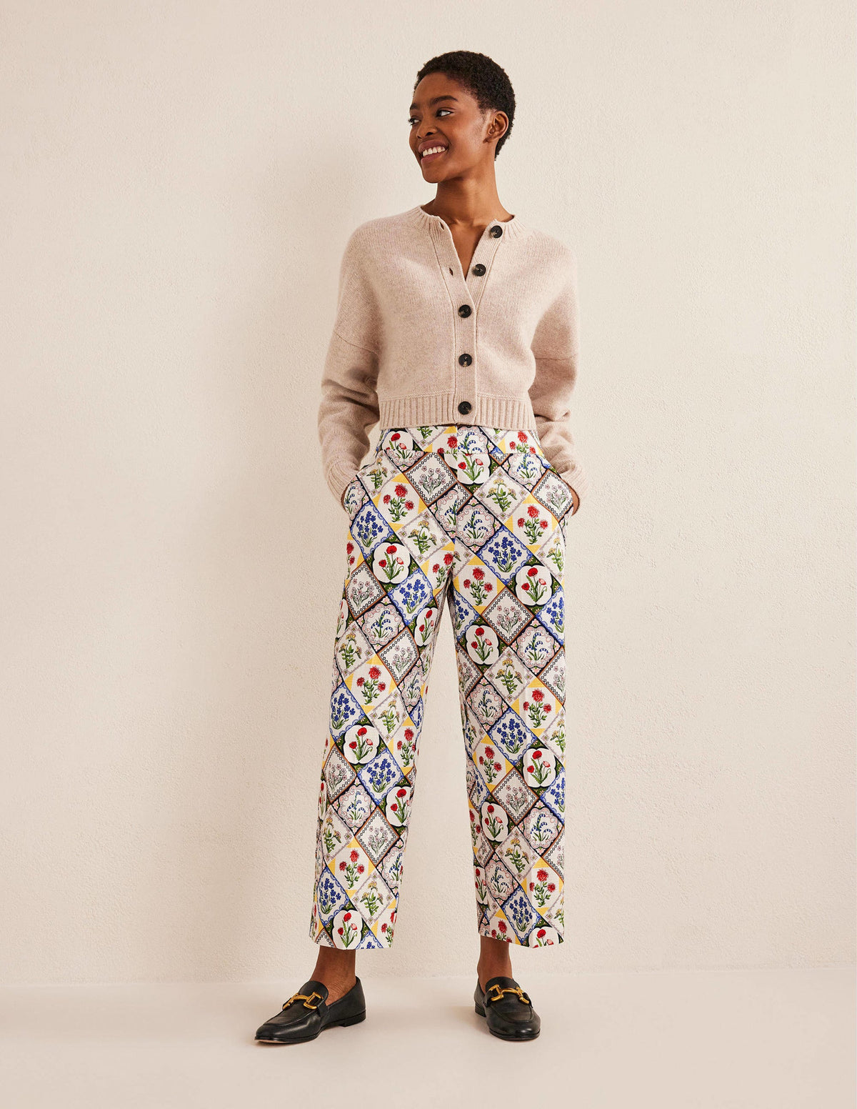 Printed Straight Trousers-Ivory, White Bluebell - Image 1