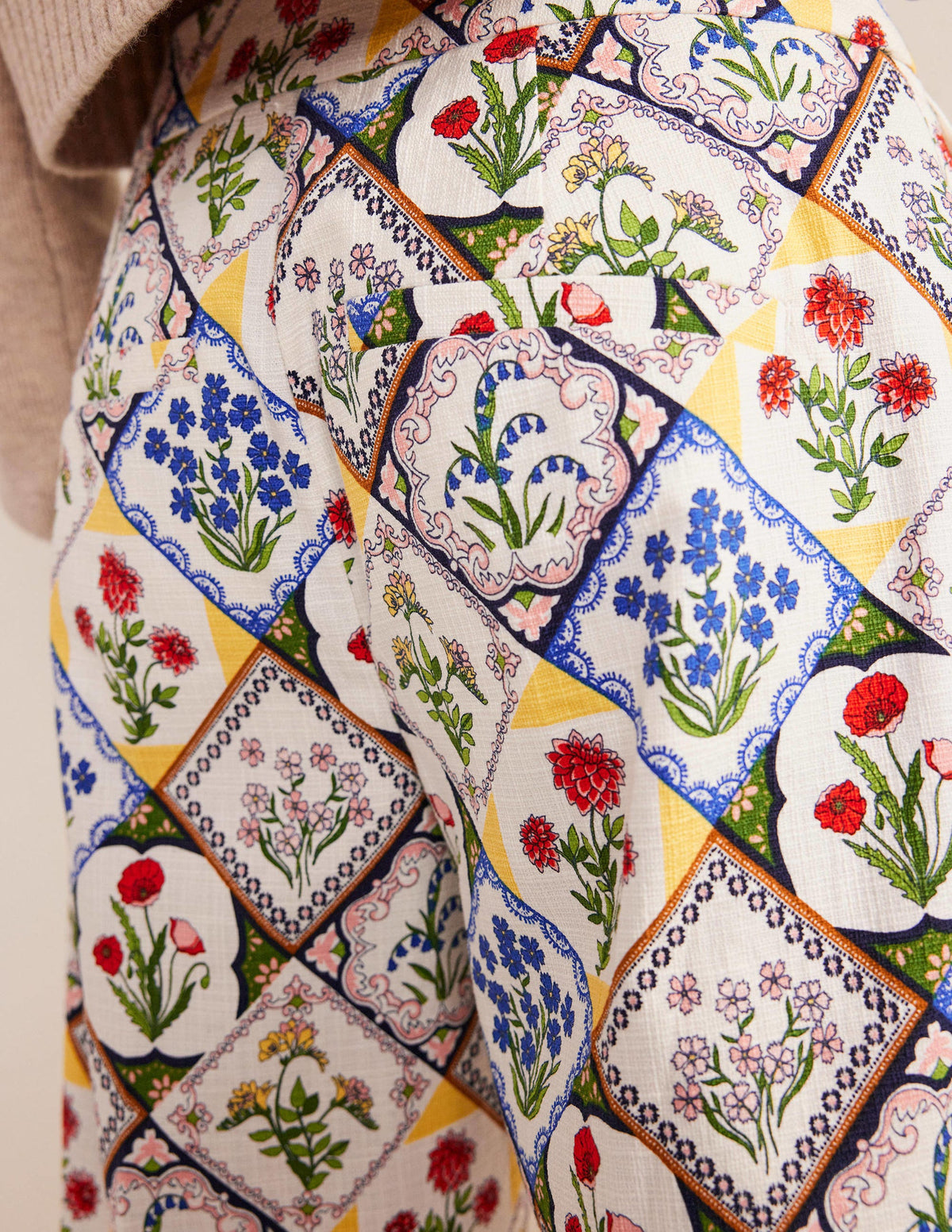 Printed Straight Trousers-Ivory, White Bluebell-2