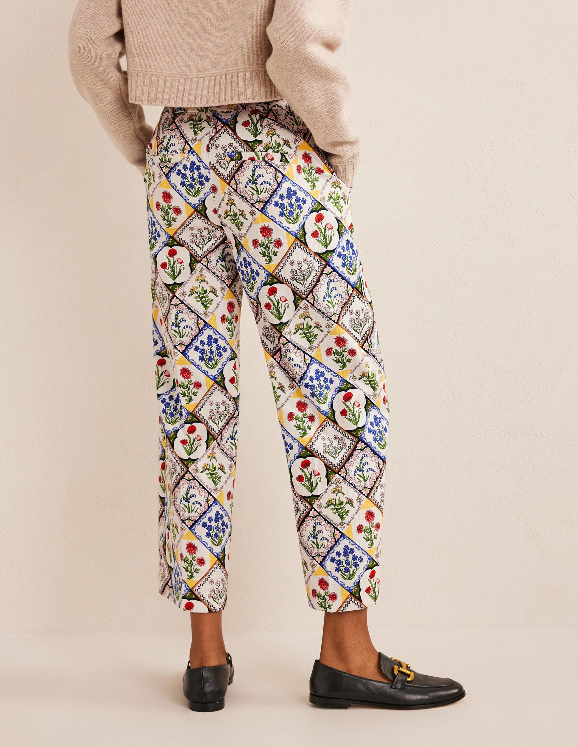 Printed Straight Trousers-Ivory, White Bluebell - Image 3
