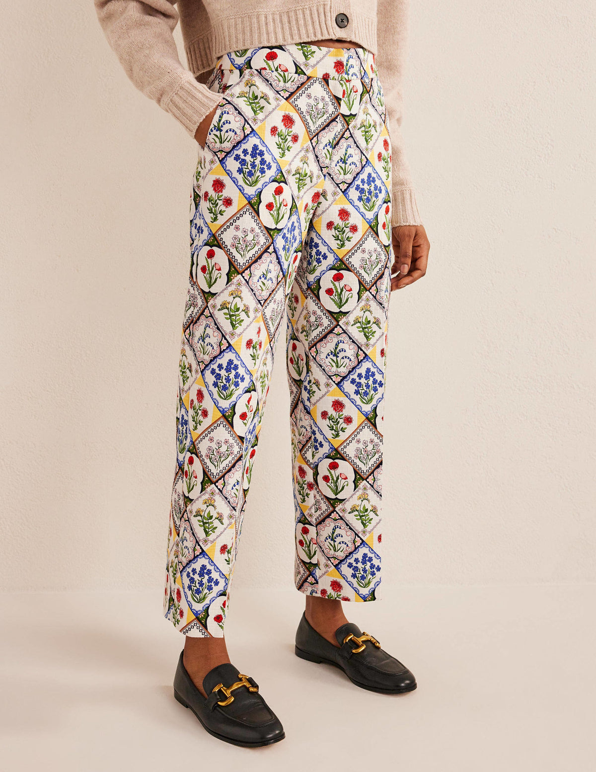 Printed Straight Trousers-Ivory, White Bluebell-4