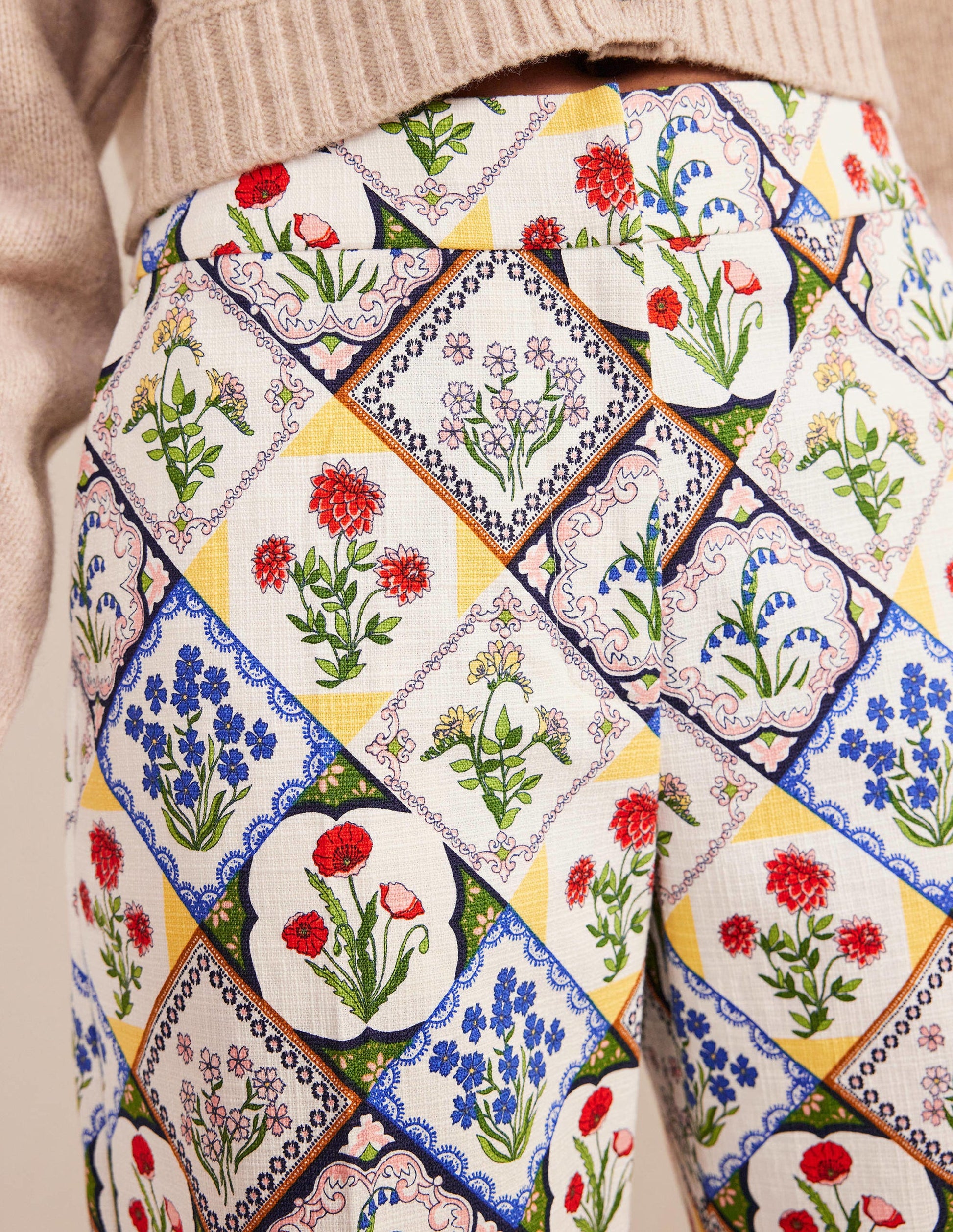 Printed Straight Trousers-Ivory, White Bluebell-5