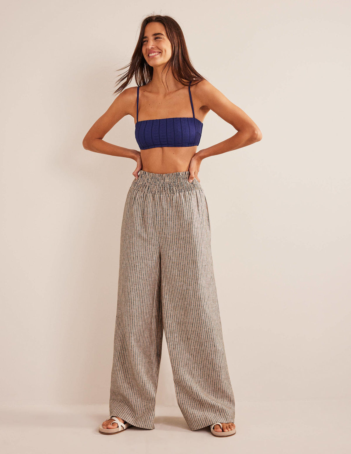 Linen Shirred Waist Trousers-Camel and Black Lurex Stripe - Image 1