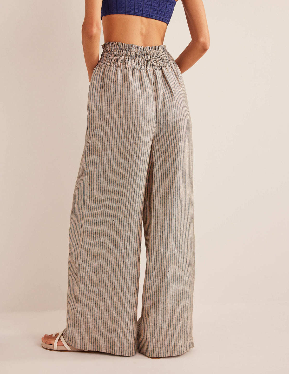Linen Shirred Waist Trousers-Camel and Black Lurex Stripe - Image 3